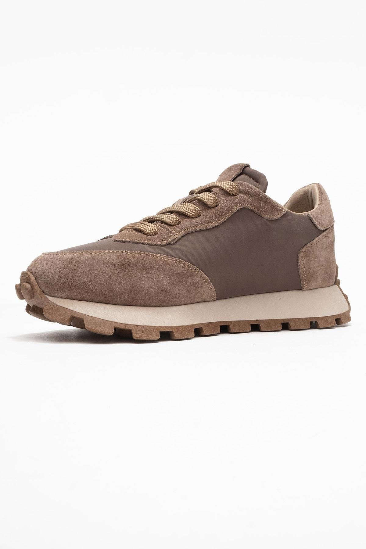Amanda - Taupe Genuine Leather Sneaker – heel view showing leather, Vowalisse