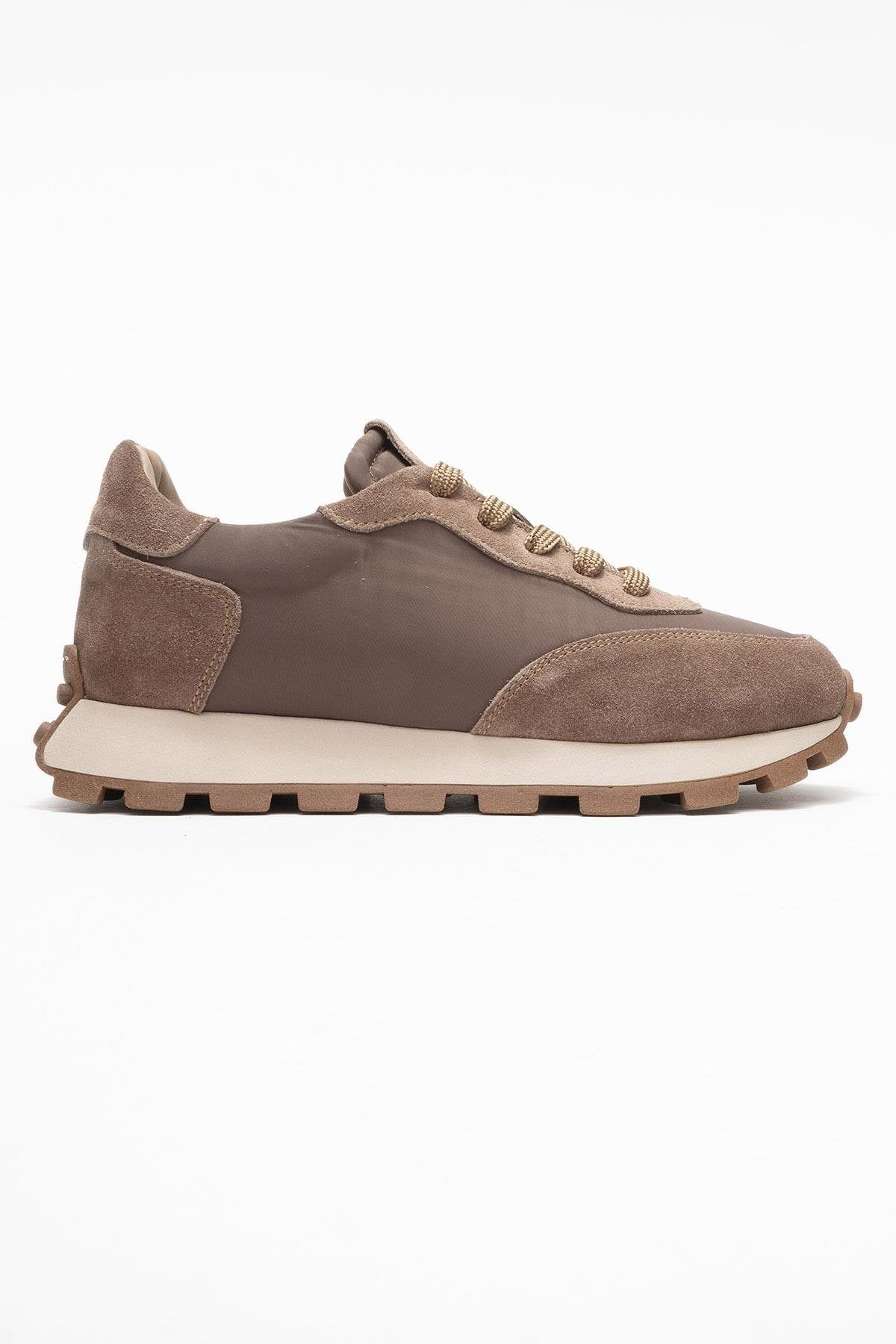 Amanda - Taupe Genuine Leather Sneaker – top view showing leather, Vowalisse