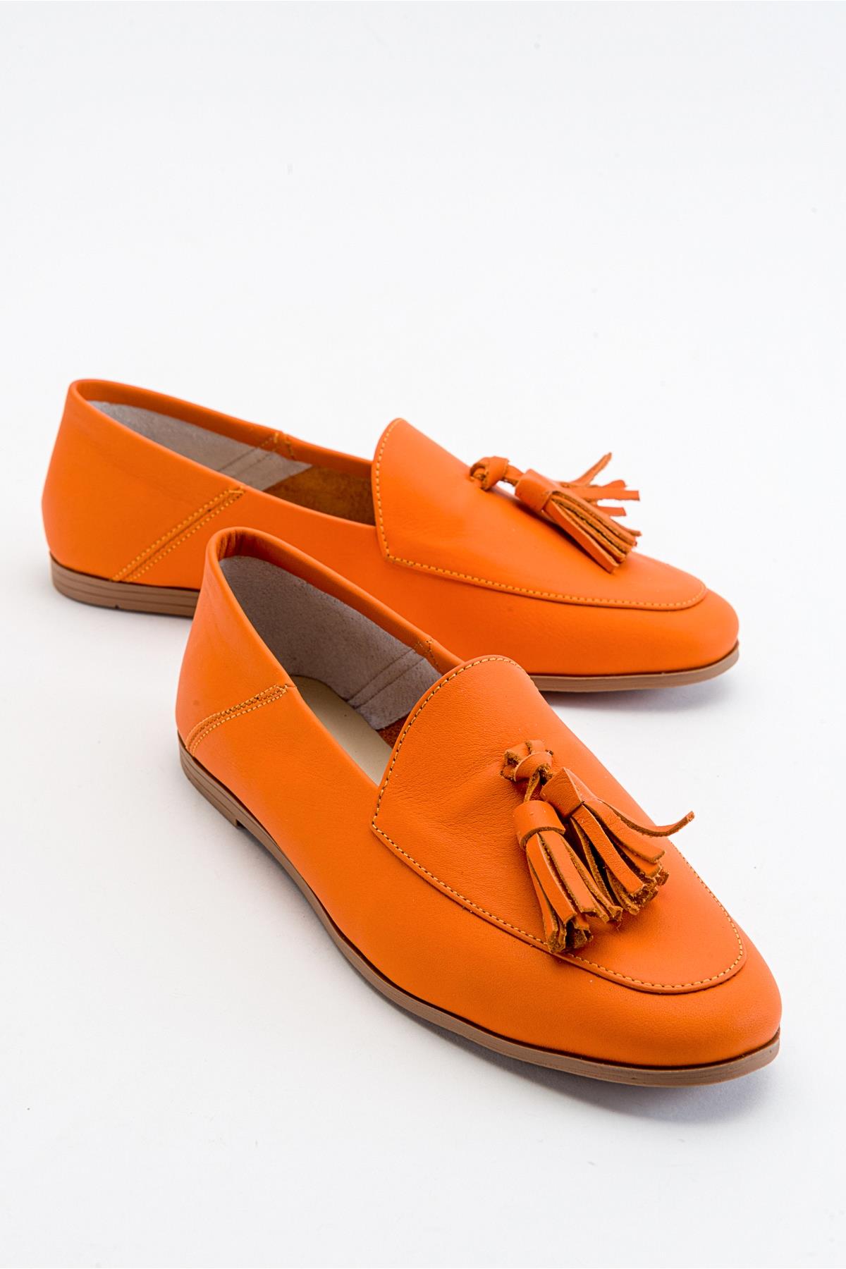 Mona - Neon Orange Soft Leather Tassel Loafers – front three-quarter view showing leather, suede, red, Vowalisse