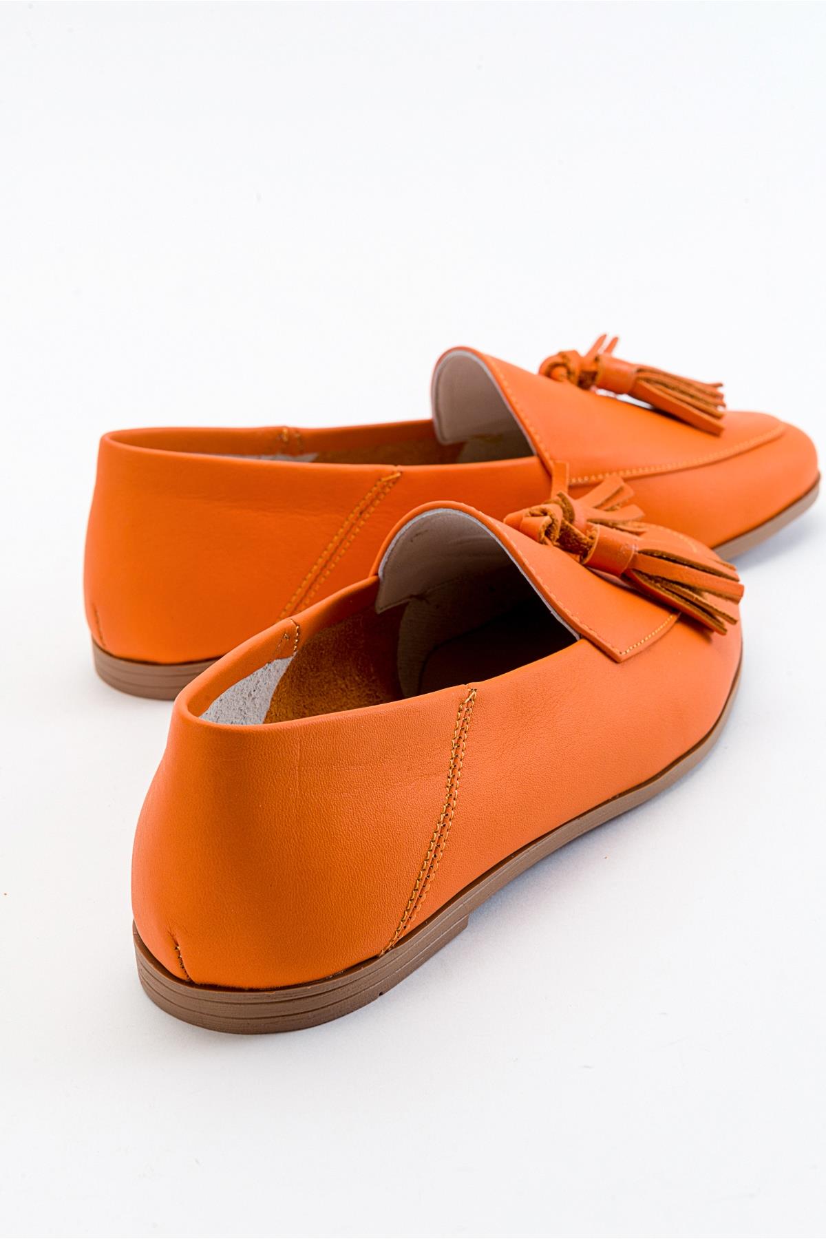 Mona - Neon Orange Soft Leather Tassel Loafers – detail view showing leather, suede, red, Vowalisse