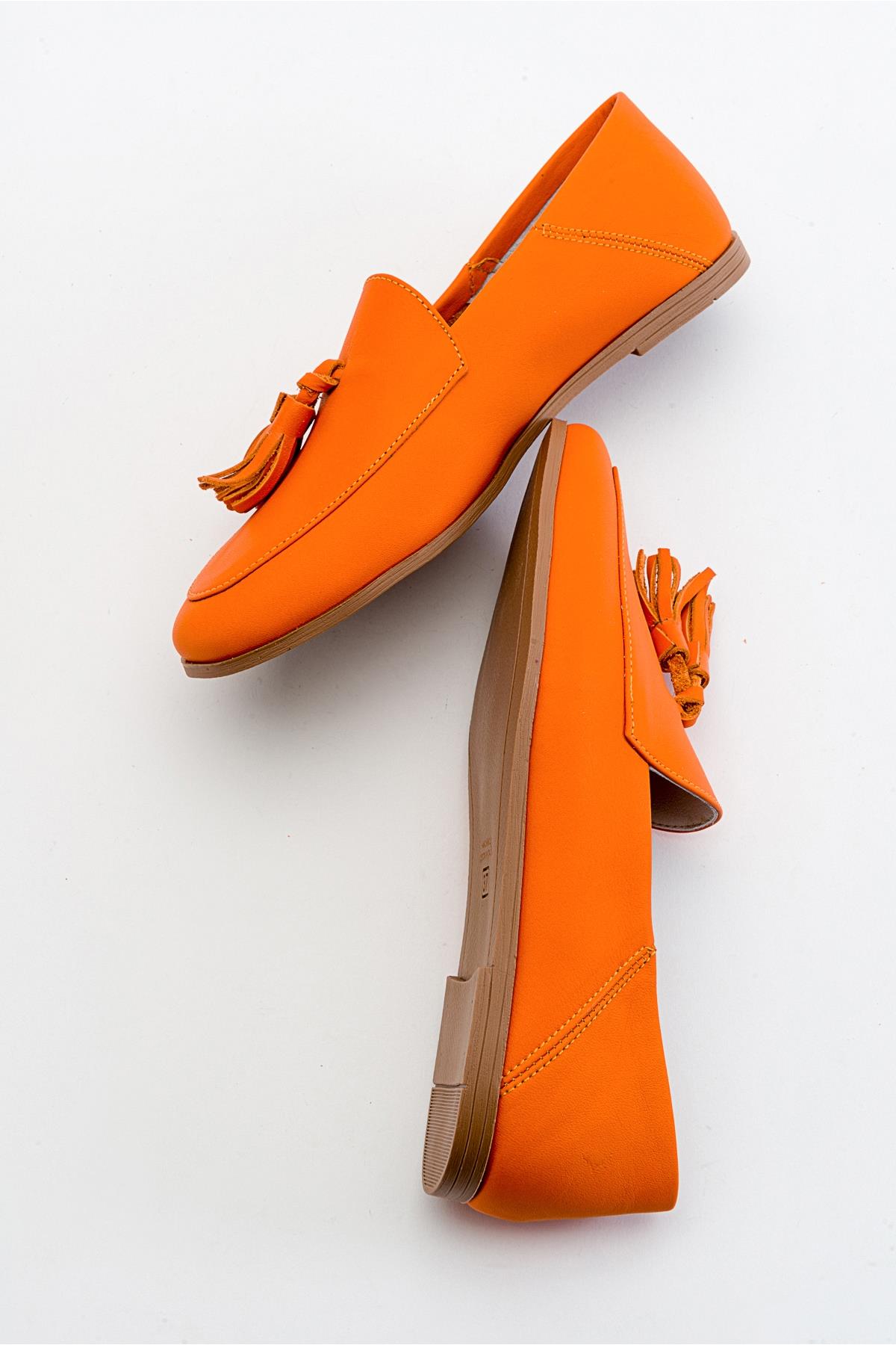 Mona - Neon Orange Soft Leather Tassel Loafers – heel view showing leather, suede, red, Vowalisse