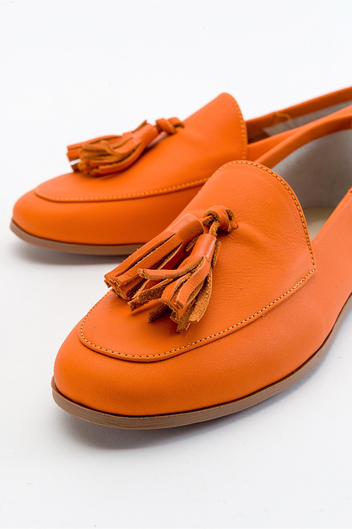 Mona - Neon Orange Soft Leather Tassel Loafers – back view showing leather, suede, red, Vowalisse