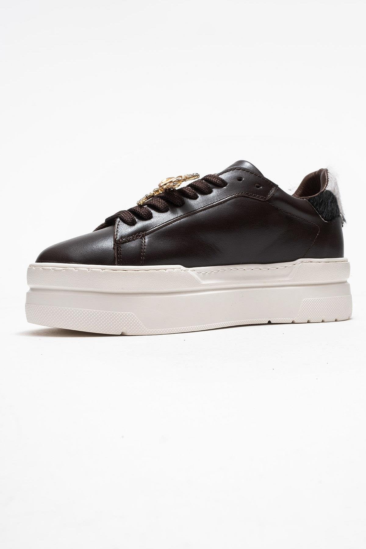 Laren - Brown Genuine Leather Buckle Casual Sneaker – heel view showing leather, Vowalisse