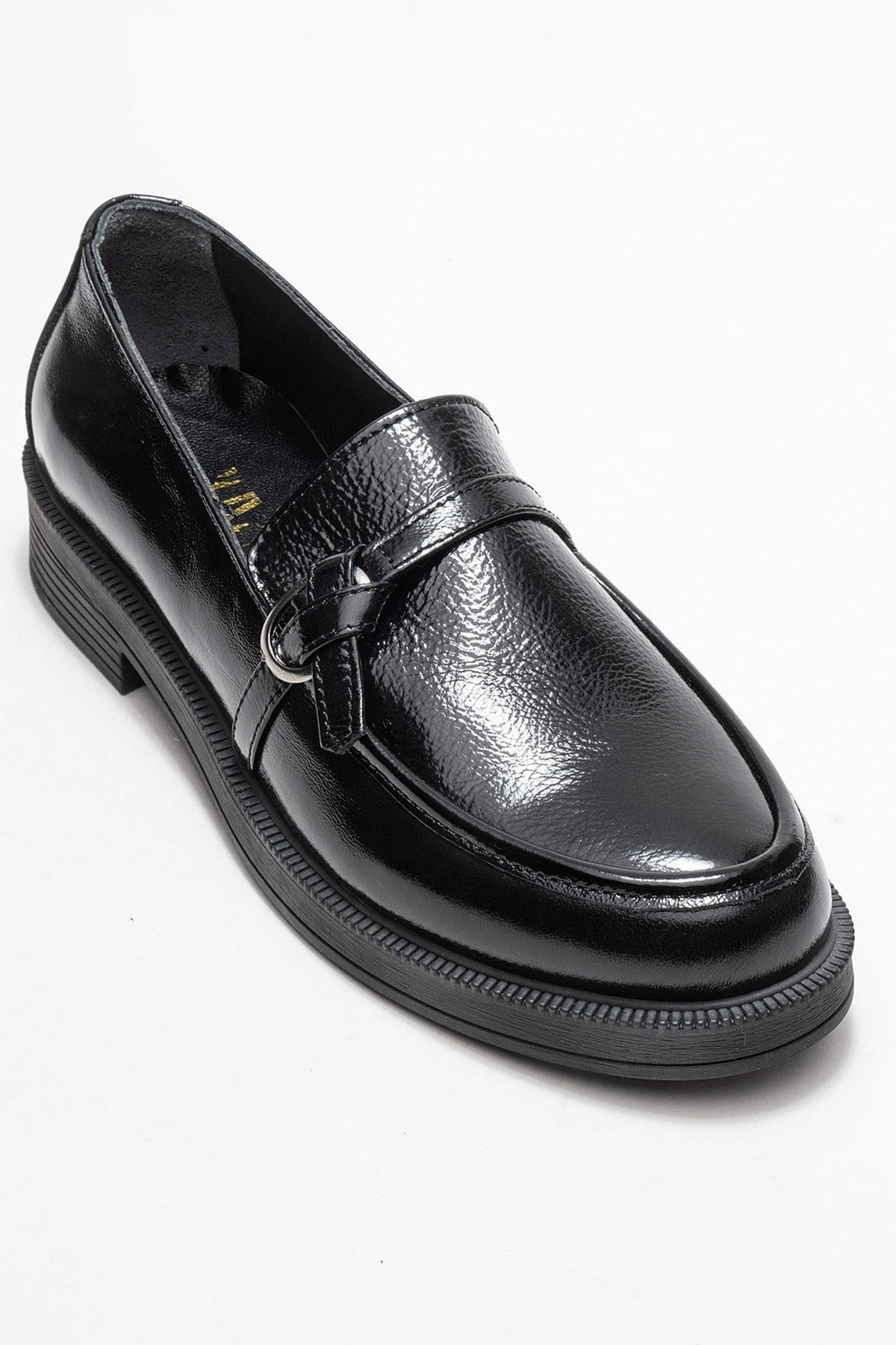 Galea - Black Patent Buckled Genuine Leather Loafer – detail view showing leather, black, Vowalisse