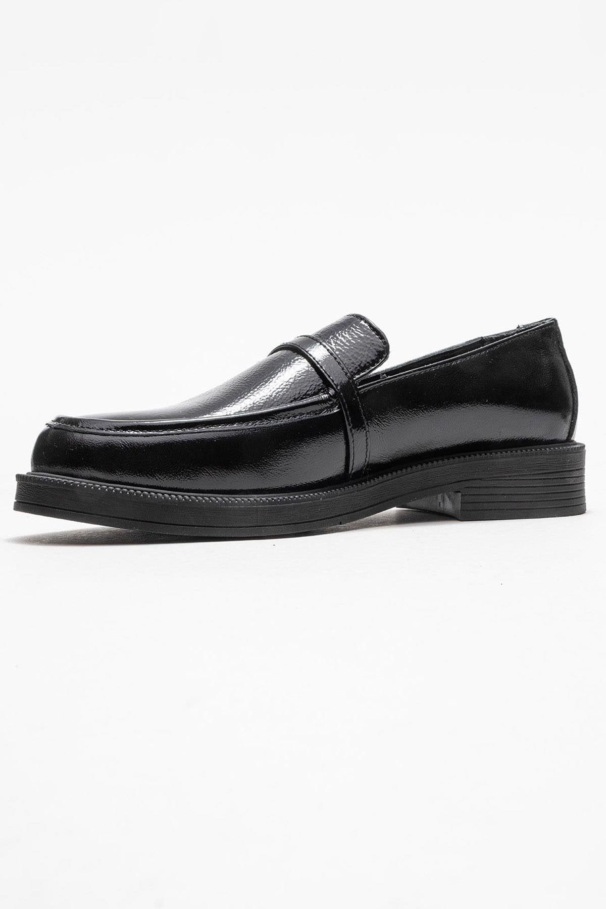 Galea - Black Patent Buckled Genuine Leather Loafer – heel view showing leather, black, Vowalisse