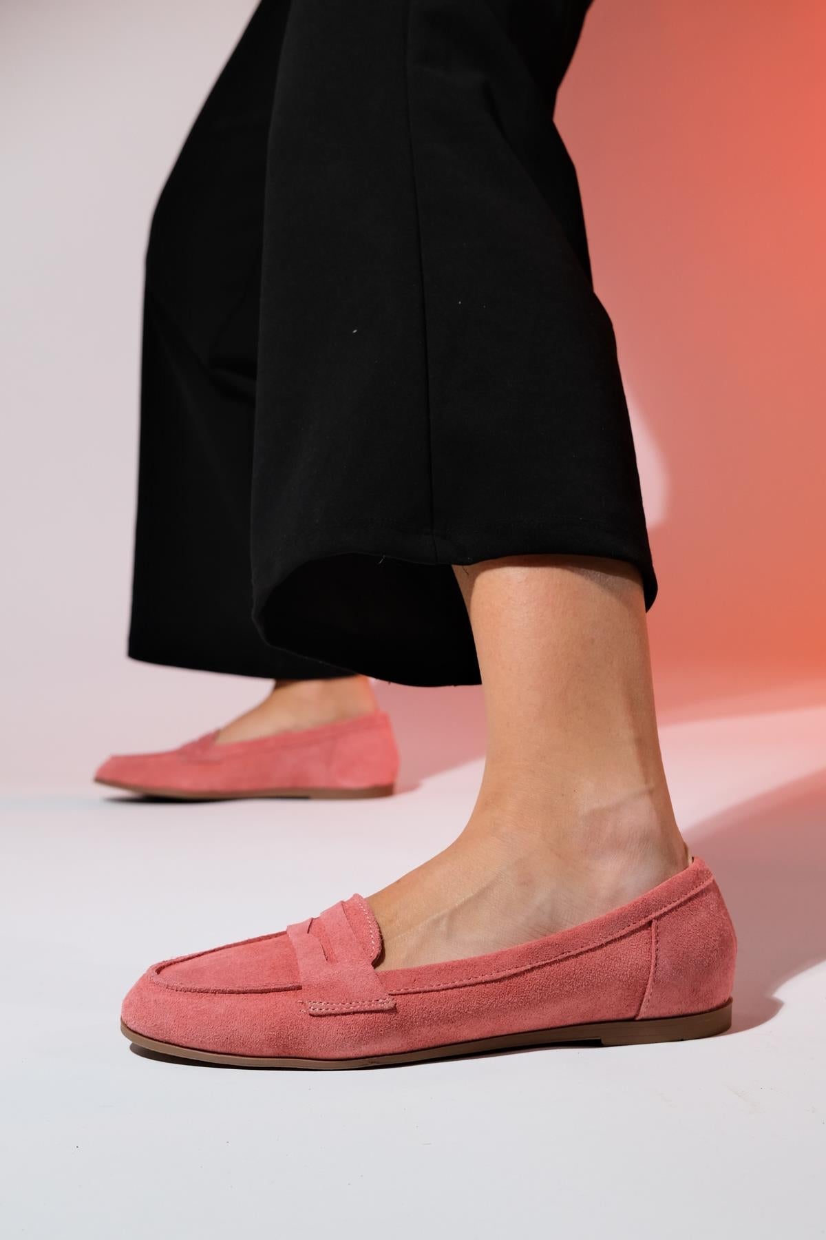 Dorothy - Dusty Rose Suede Leather Loafers – back view showing leather, suede, Vowalisse