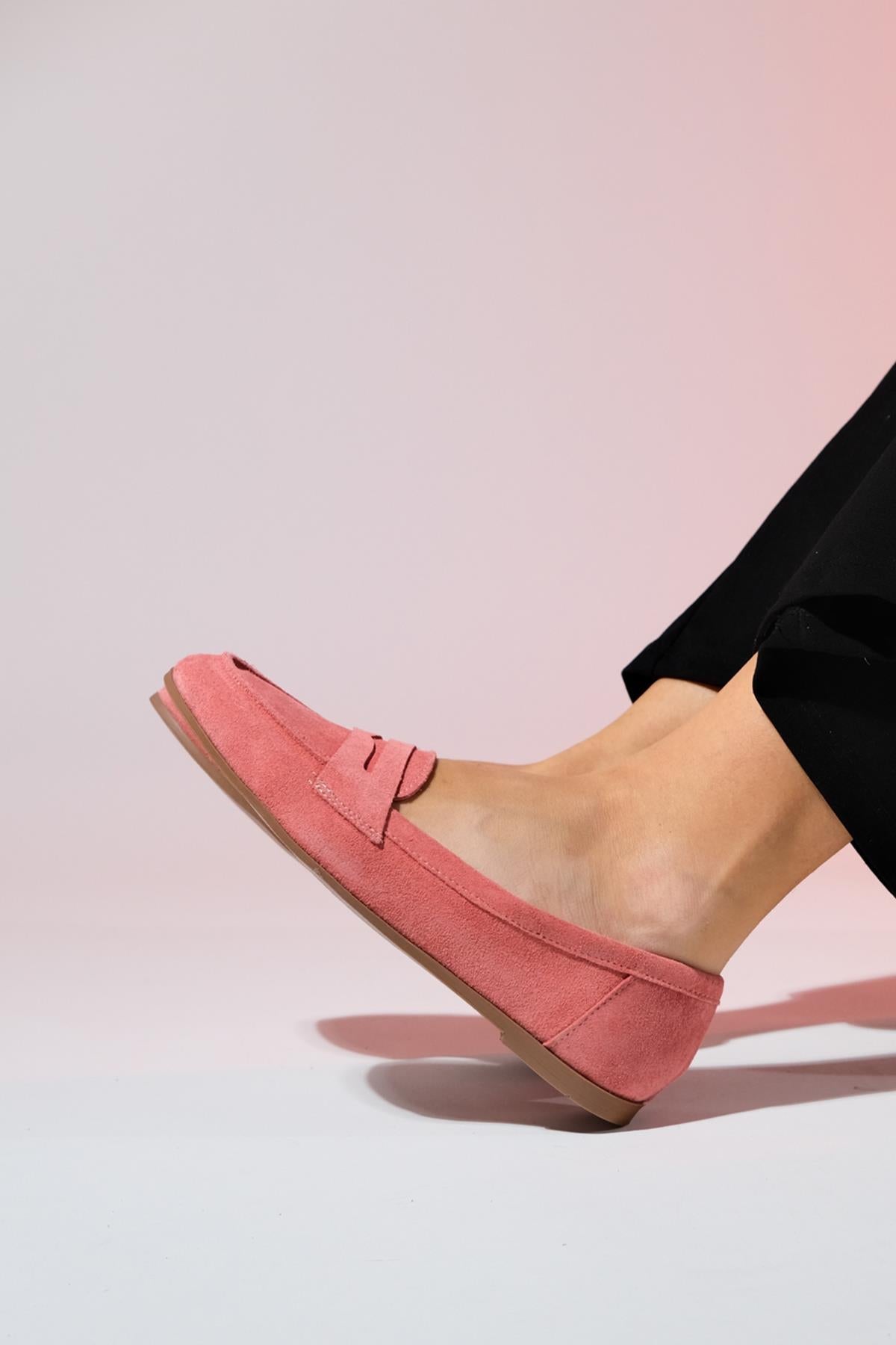 Dorothy - Dusty Rose Suede Leather Loafers – top view showing leather, suede, Vowalisse