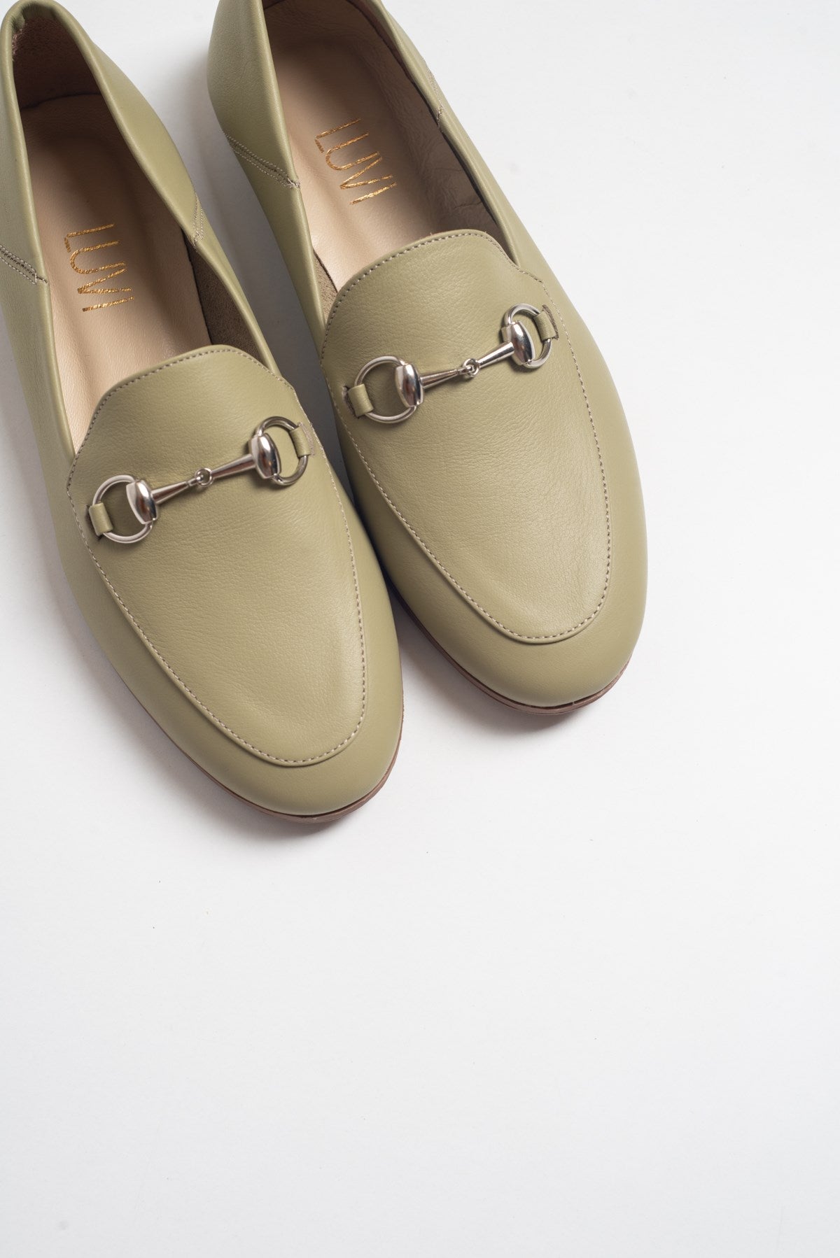 Penny - Olive Green Leather Horsebit Loafers – side view showing leather, suede, green, Vowalisse