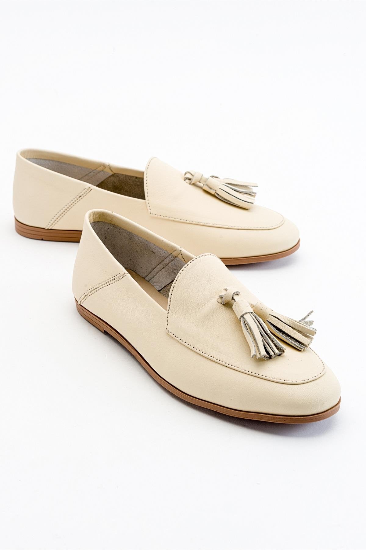 Mona - Light Beige Soft Leather Tassel Loafers – front three-quarter view showing leather, suede, red, Vowalisse