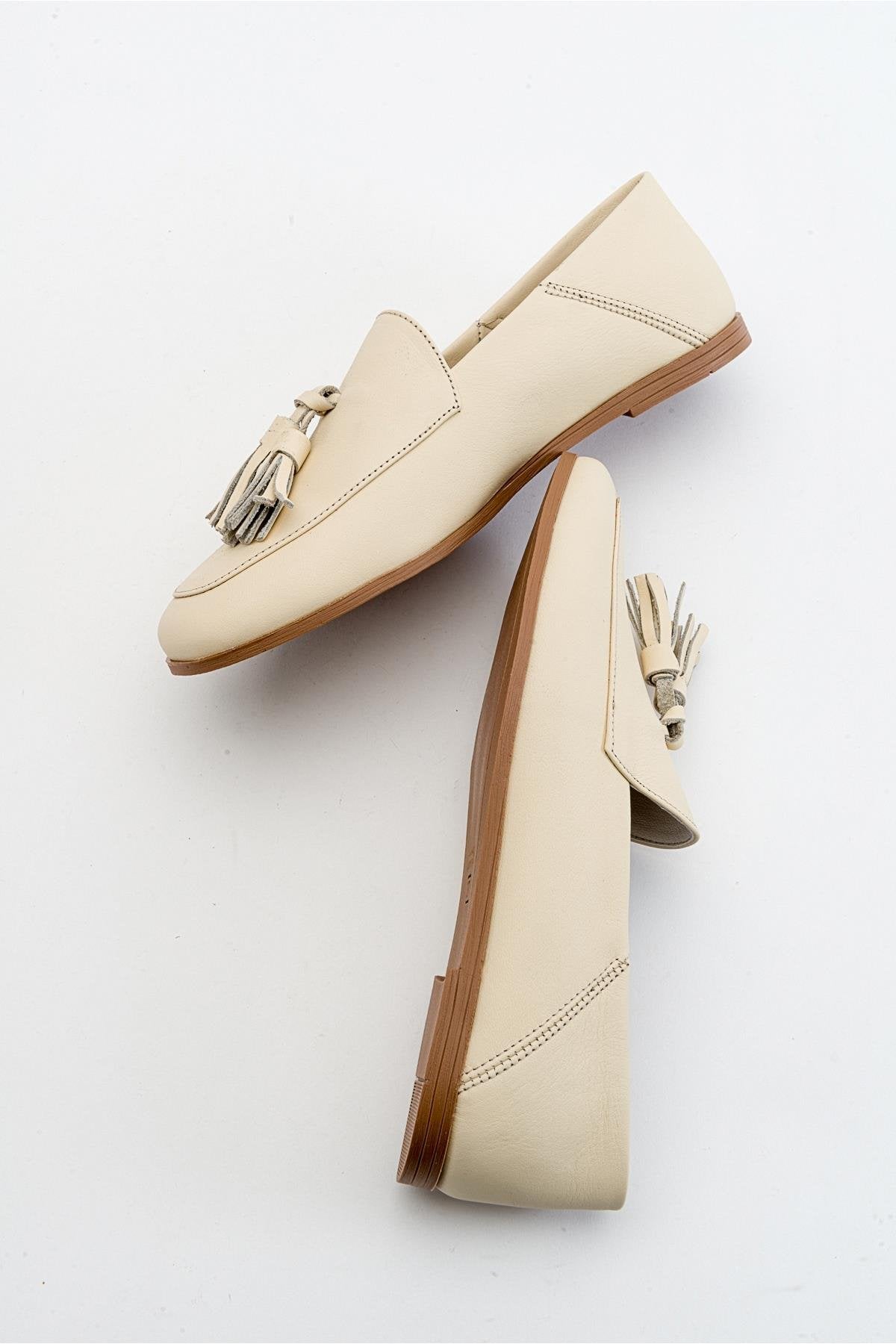 Mona - Light Beige Soft Leather Tassel Loafers – back view showing leather, suede, red, Vowalisse