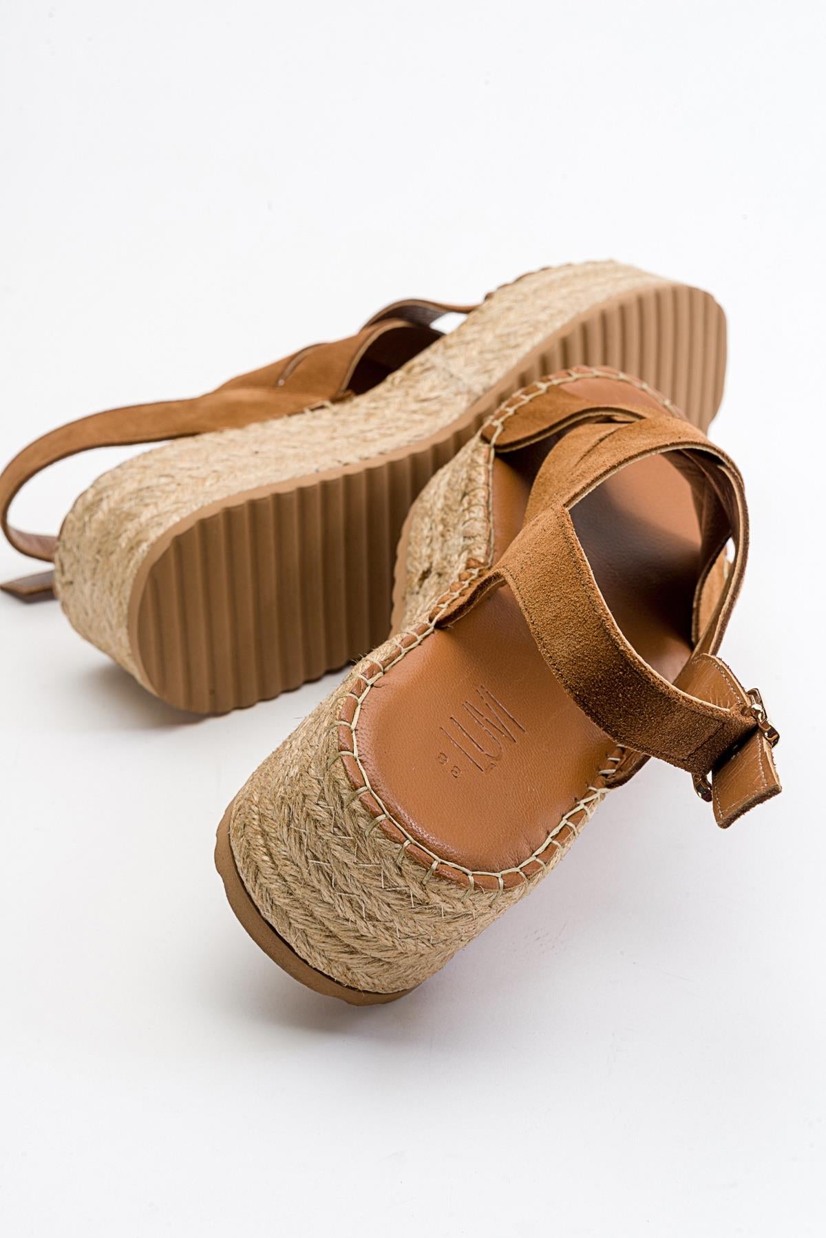 Lontano - Cognac Brown Suede Leather Platform Sandal – detail view showing leather, suede, Vowalisse
