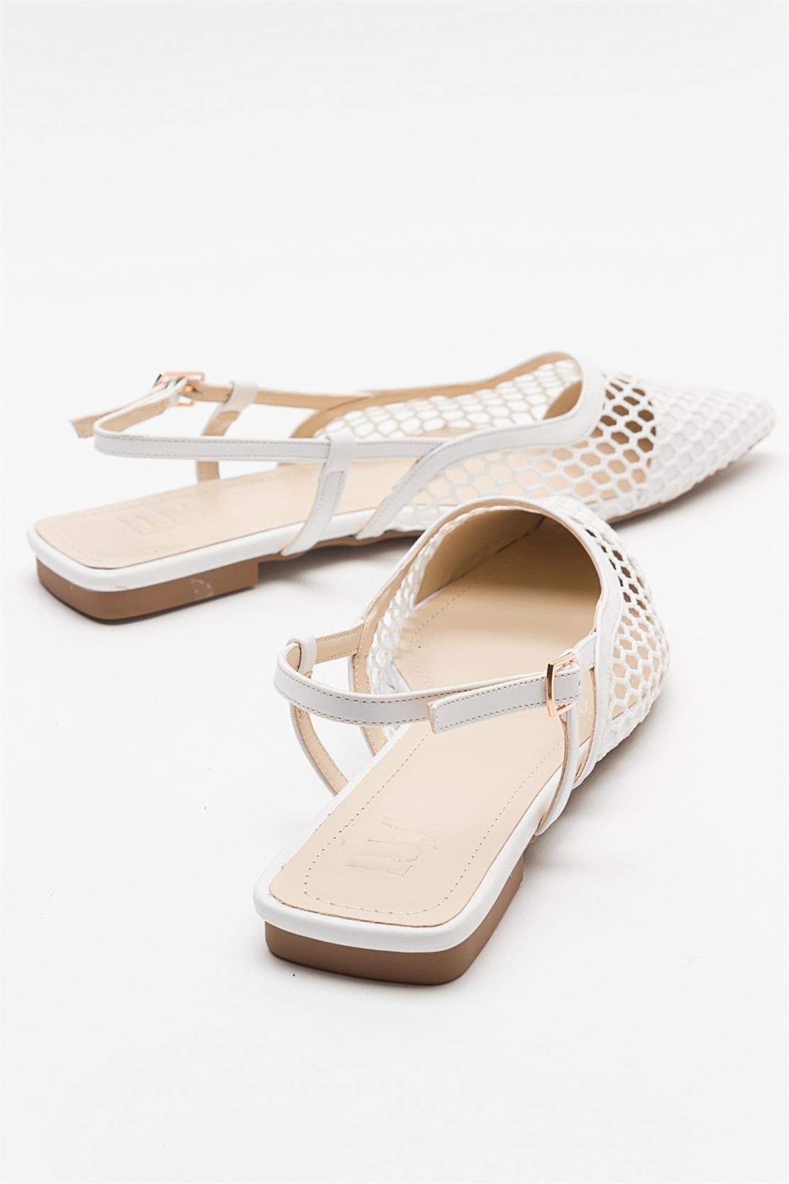 Brace White Mesh Flat Sandal – detail view showing leather, mesh, white, Vowalisse