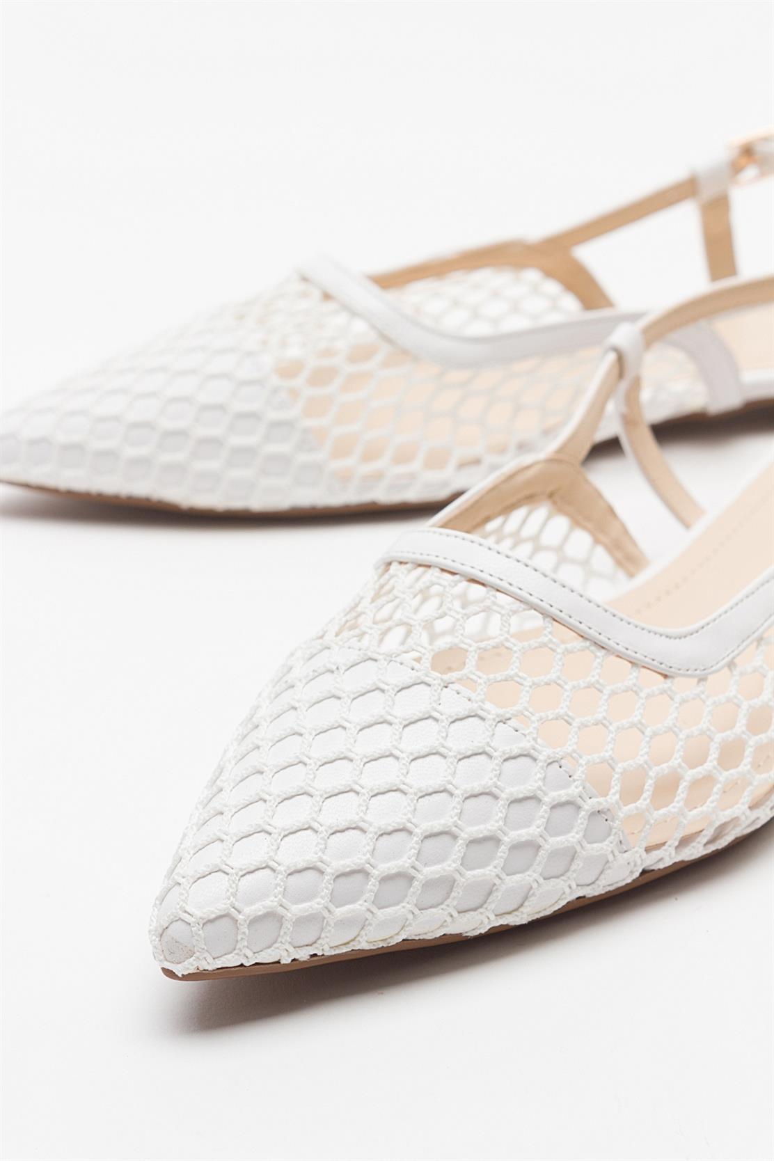 Brace White Mesh Flat Sandal – heel view showing leather, mesh, white, Vowalisse