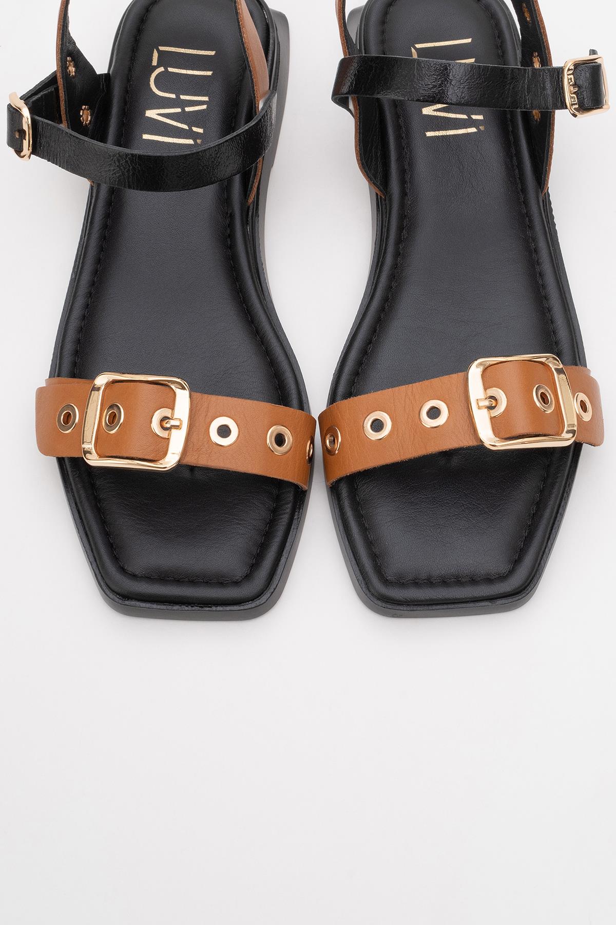 Mozes - Cognac Black Leather Sandal – side view showing leather, black, Vowalisse