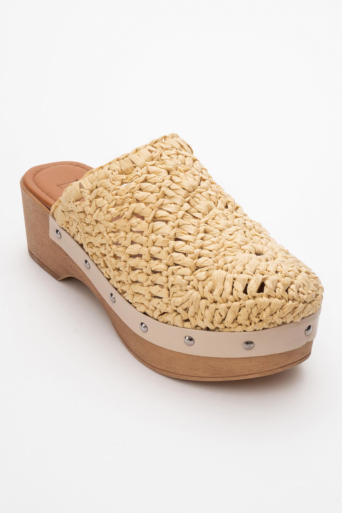 Cooper - Beige Braided Wedge Sandal – detail view showing leather, Vowalisse