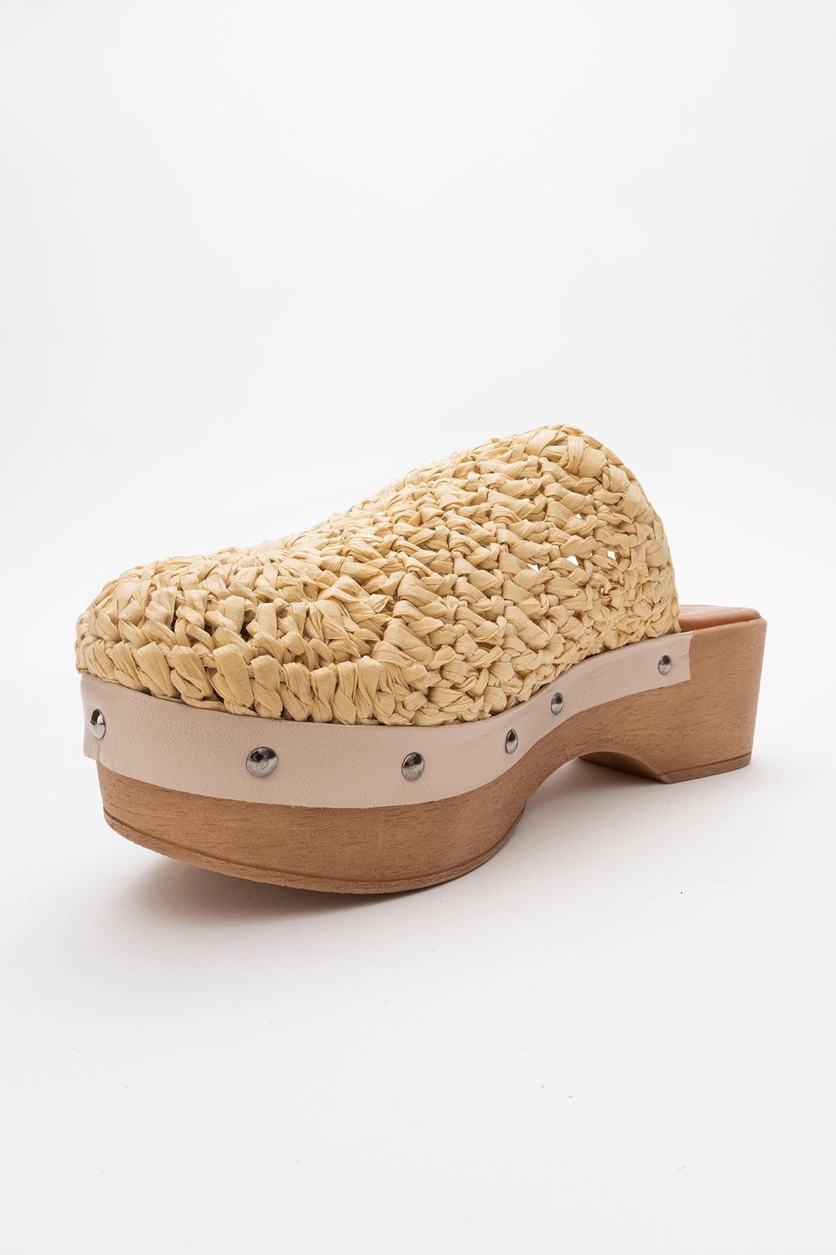 Cooper - Beige Braided Wedge Sandal – heel view showing leather, Vowalisse