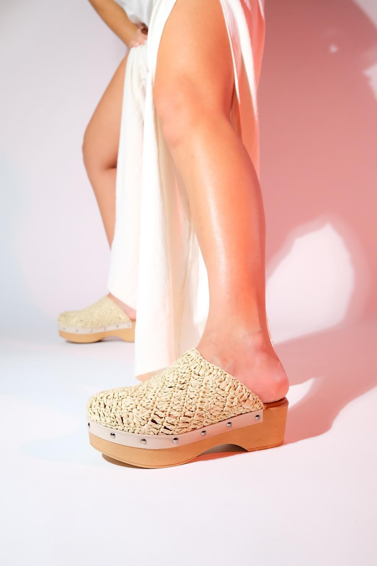 Cooper - Beige Braided Wedge Sandal – sole view showing leather, Vowalisse