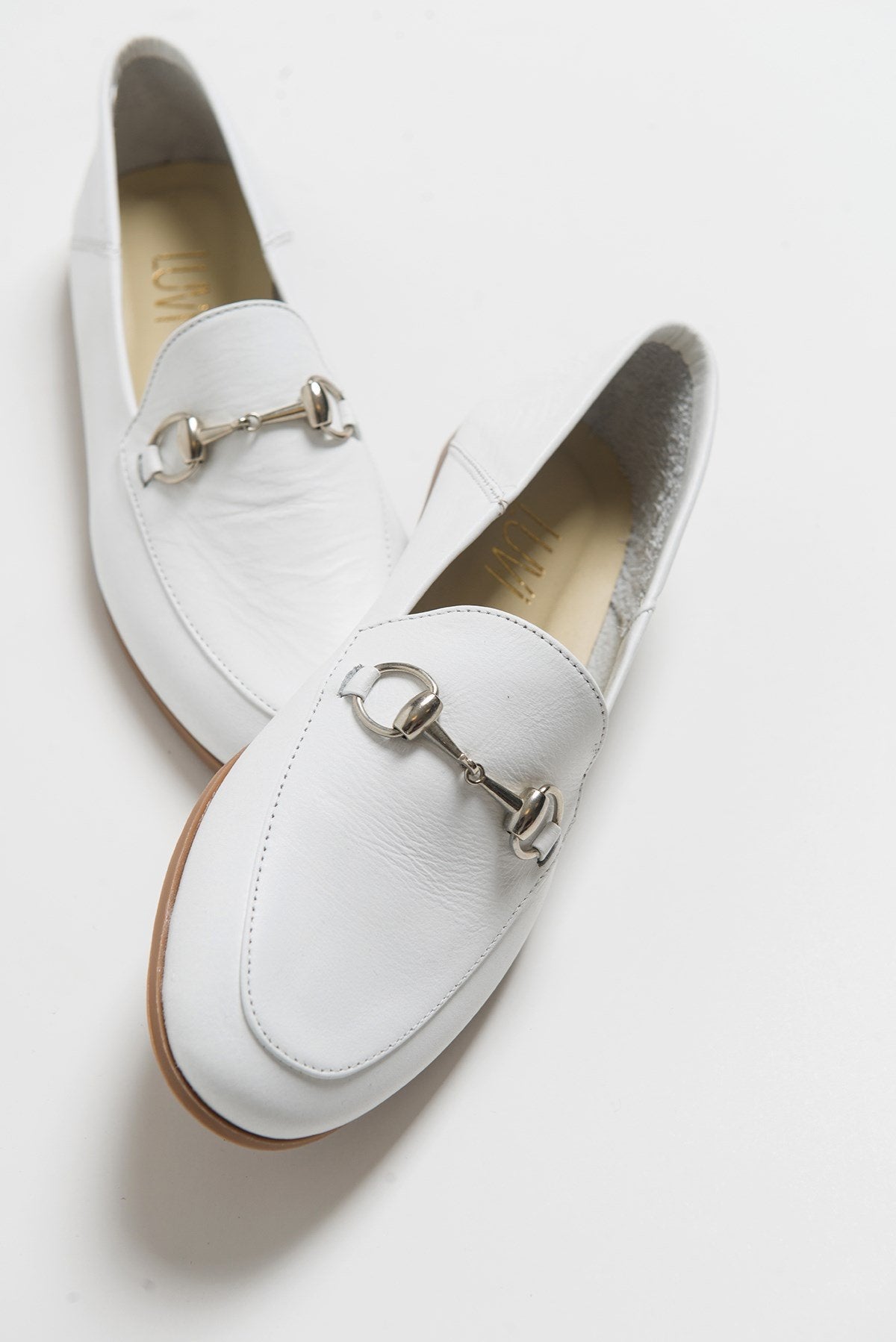 F03 - White Genuine Leather Loafer Shoe – sole view showing leather, white, Vowalisse