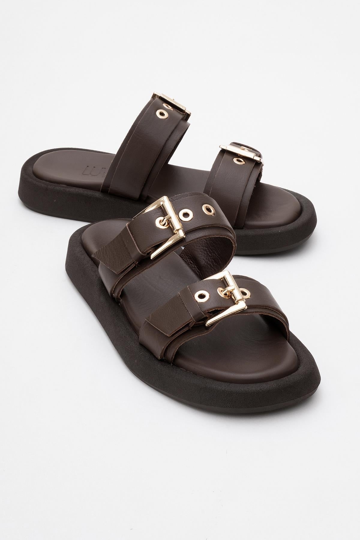 Finezza - Brown Leather Two-Strap Sandal – front three-quarter view showing crystal, leather, Vowalisse