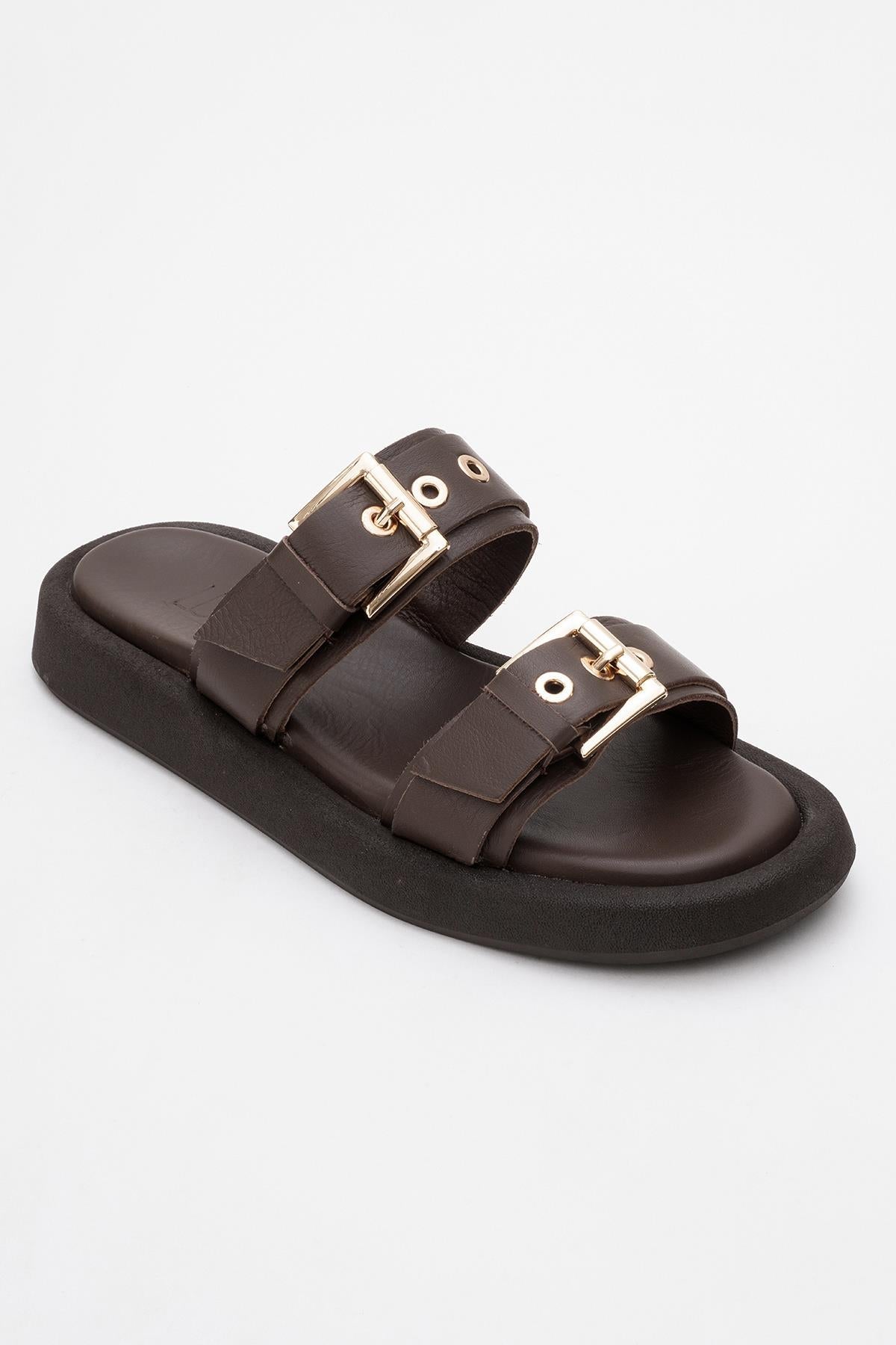 Finezza - Brown Leather Two-Strap Sandal – detail view showing crystal, leather, Vowalisse