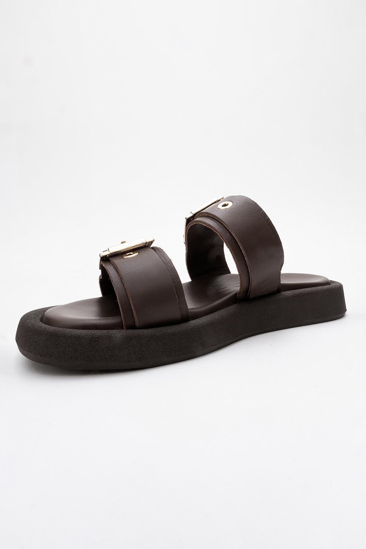 Finezza - Brown Leather Two-Strap Sandal – heel view showing crystal, leather, Vowalisse