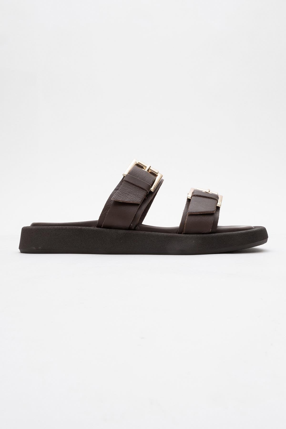 Finezza - Brown Leather Two-Strap Sandal – top view showing crystal, leather, Vowalisse