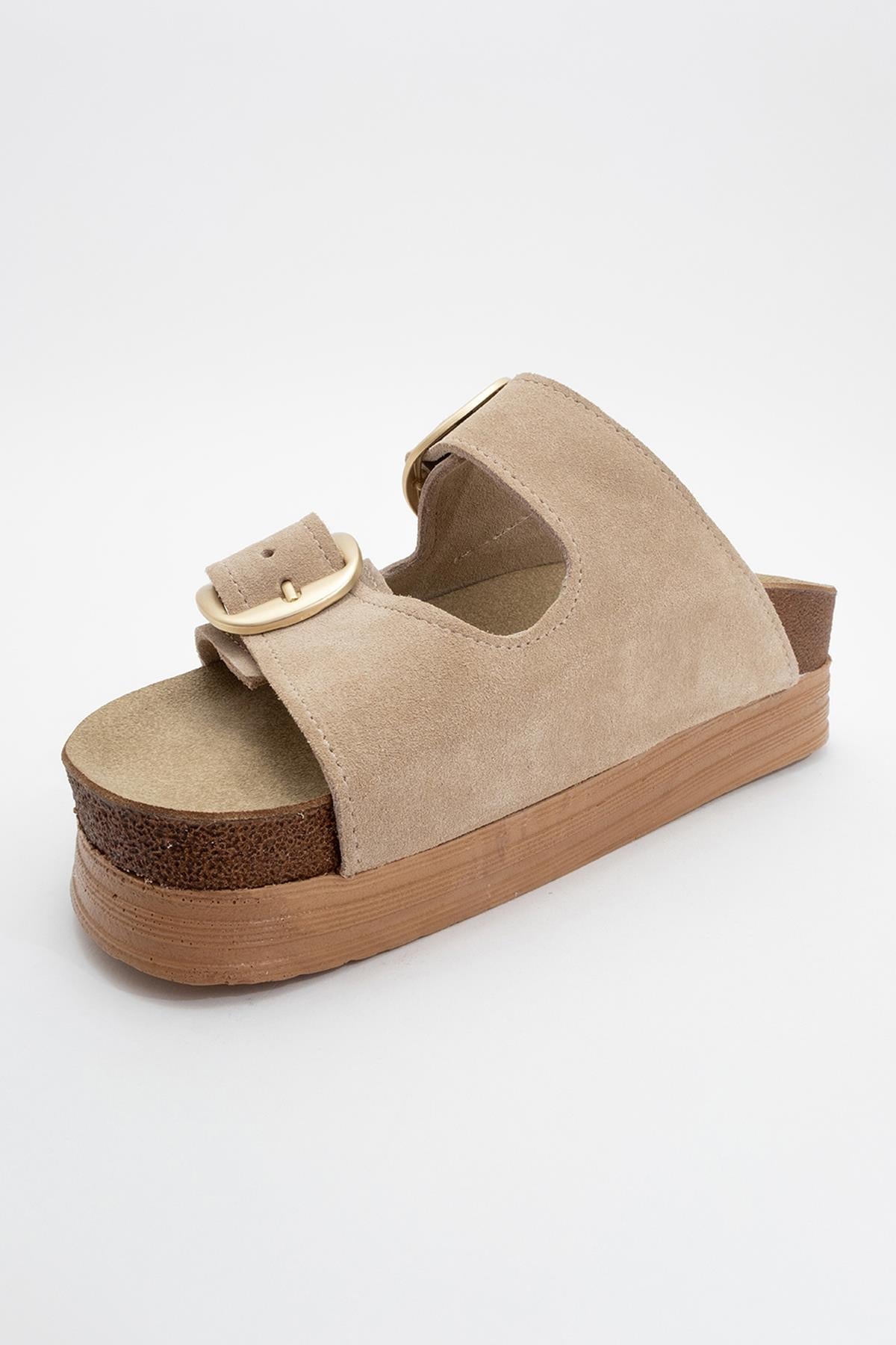 Harbor - Beige Suede Leather Two-Strap Sandal – heel view showing leather, suede, Vowalisse