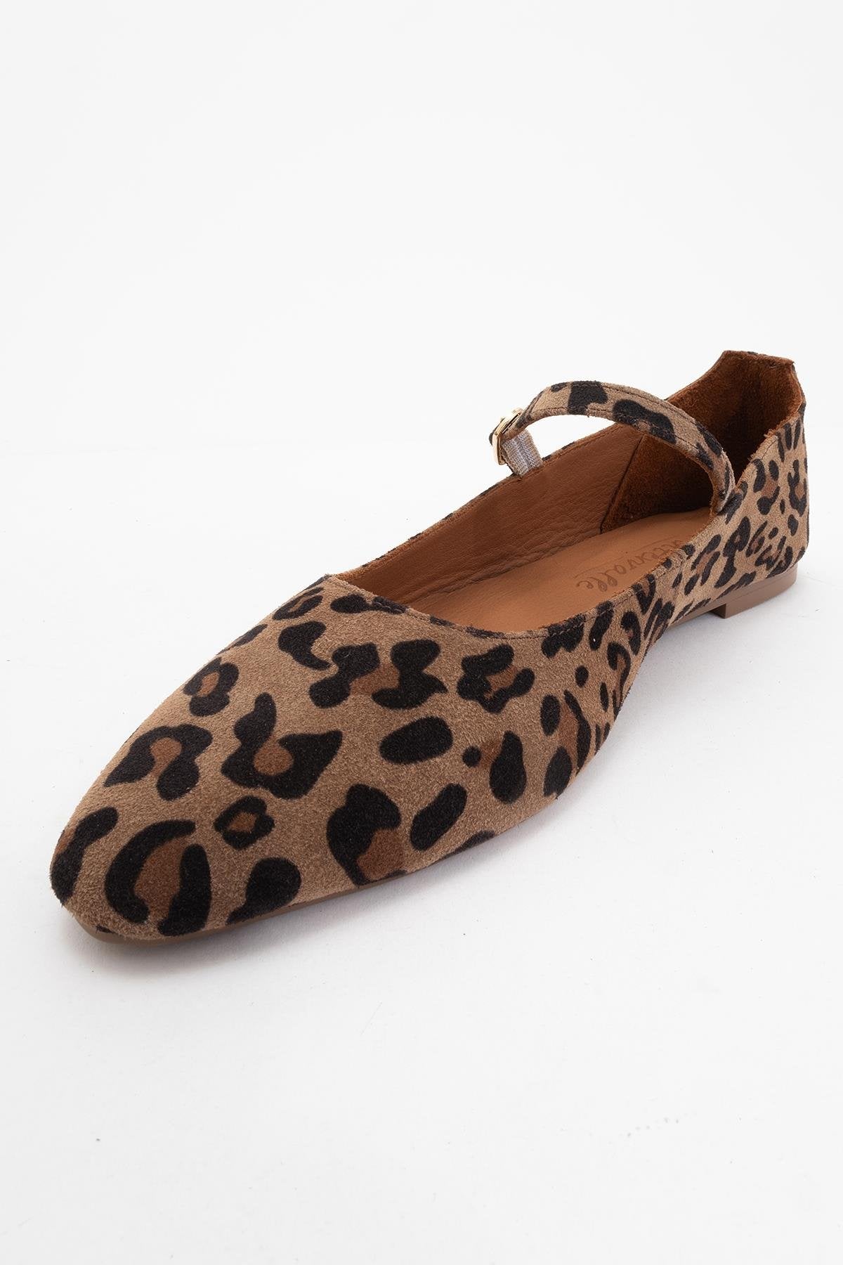 Lara - Leopard Print Suede Leather Mary Jane Flats – detail view showing leather, suede, Vowalisse
