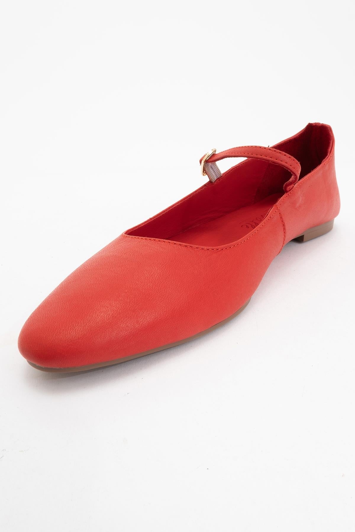 Lara - Red Leather Mary Jane Flats – detail view showing leather, red, Vowalisse