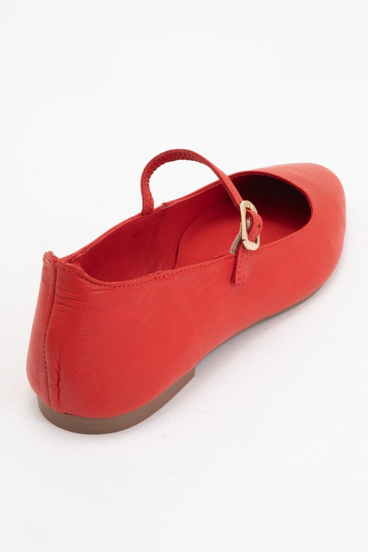 Lara - Red Leather Mary Jane Flats – heel view showing leather, red, Vowalisse