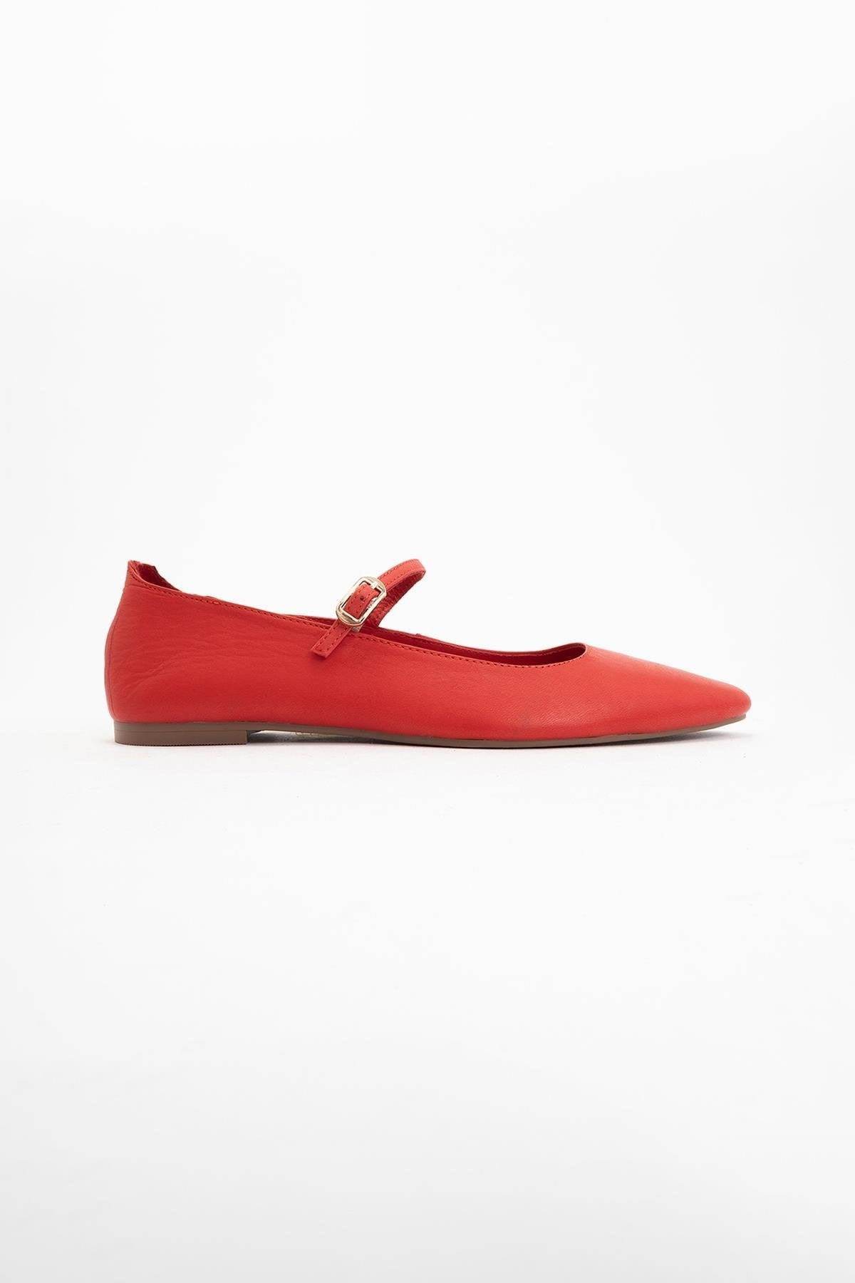 Lara - Red Leather Mary Jane Flats – back view showing leather, red, Vowalisse