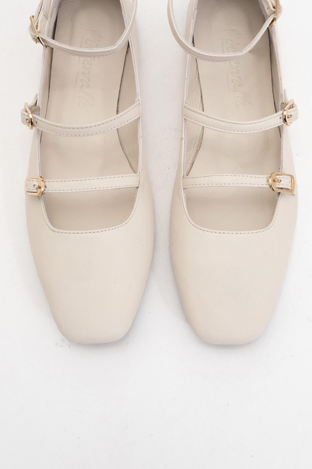 Serena - Beige Leather Mary Jane Flats – side view showing leather, suede, red, Vowalisse