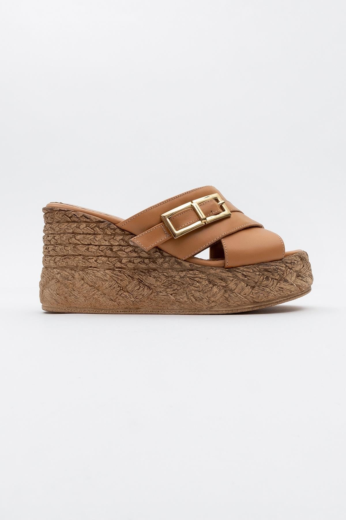 Palmas - Cognac Brown Leather Platform Sandal – back view showing leather, Vowalisse