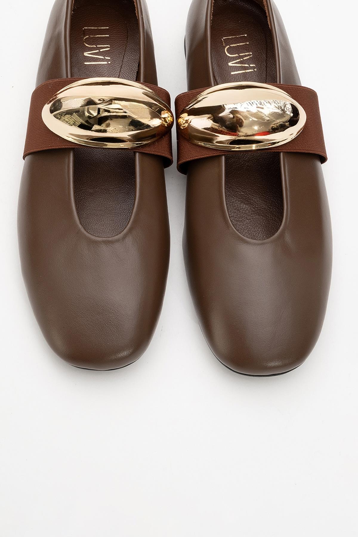 Zoey - Brown Leather Ballet Flats – side view showing leather, gold, Vowalisse