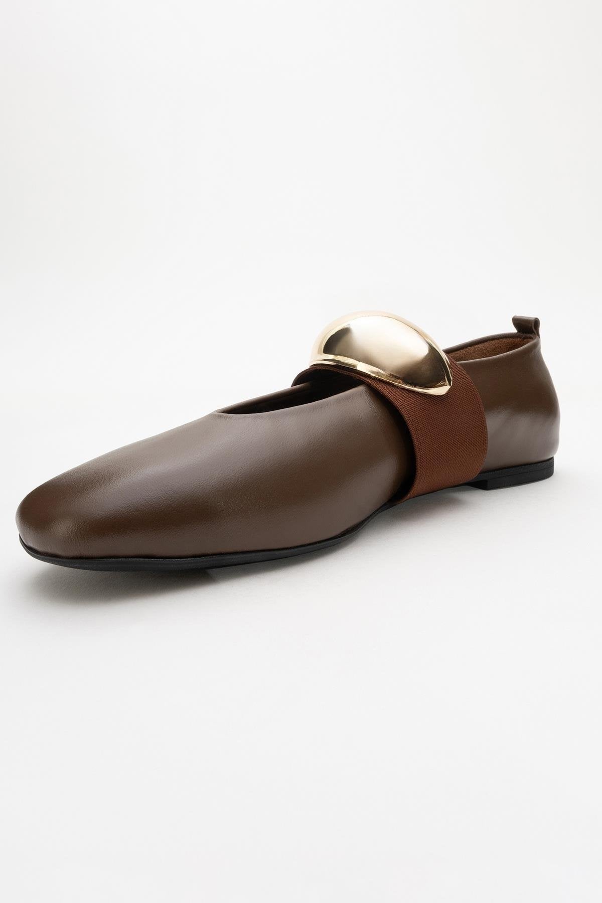 Zoey - Brown Leather Ballet Flats – detail view showing leather, gold, Vowalisse