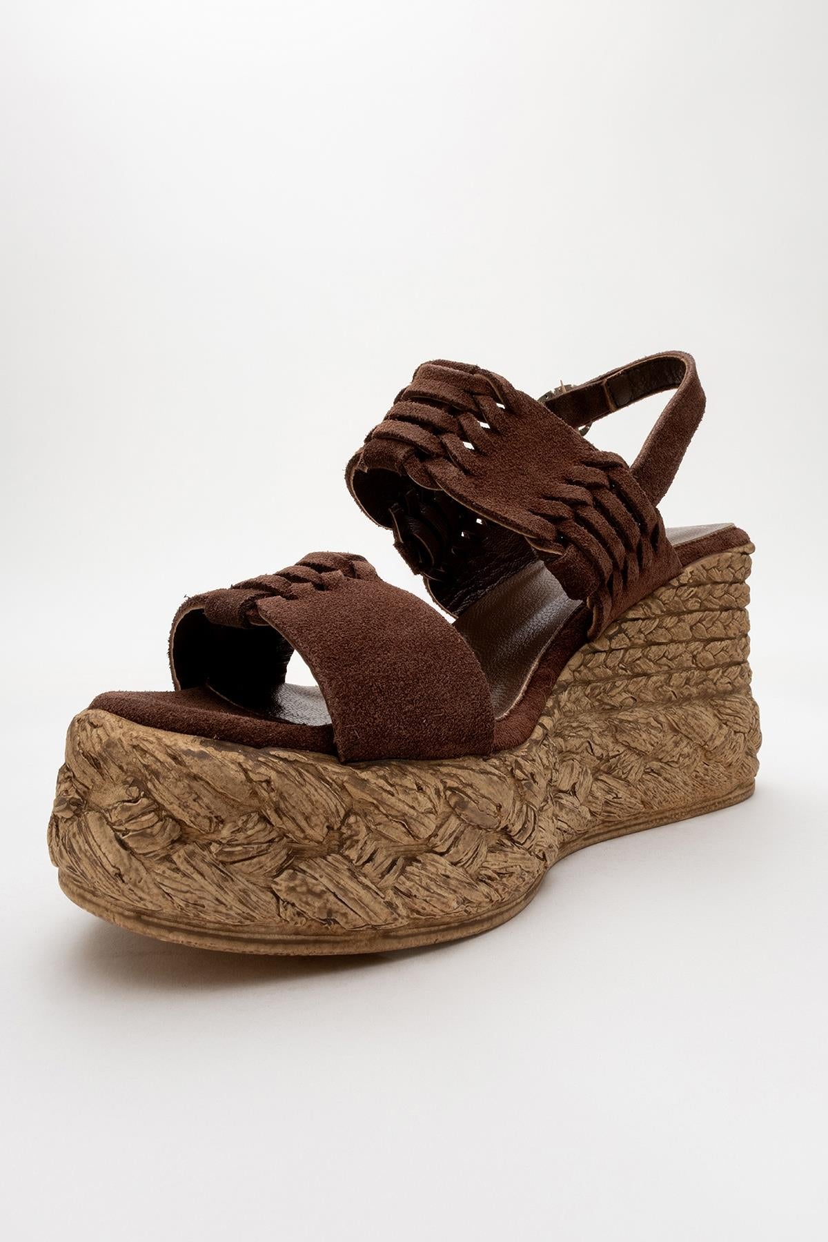 Olien - Brown Suede Leather Platform Espadrilles – detail view showing leather, suede, Vowalisse