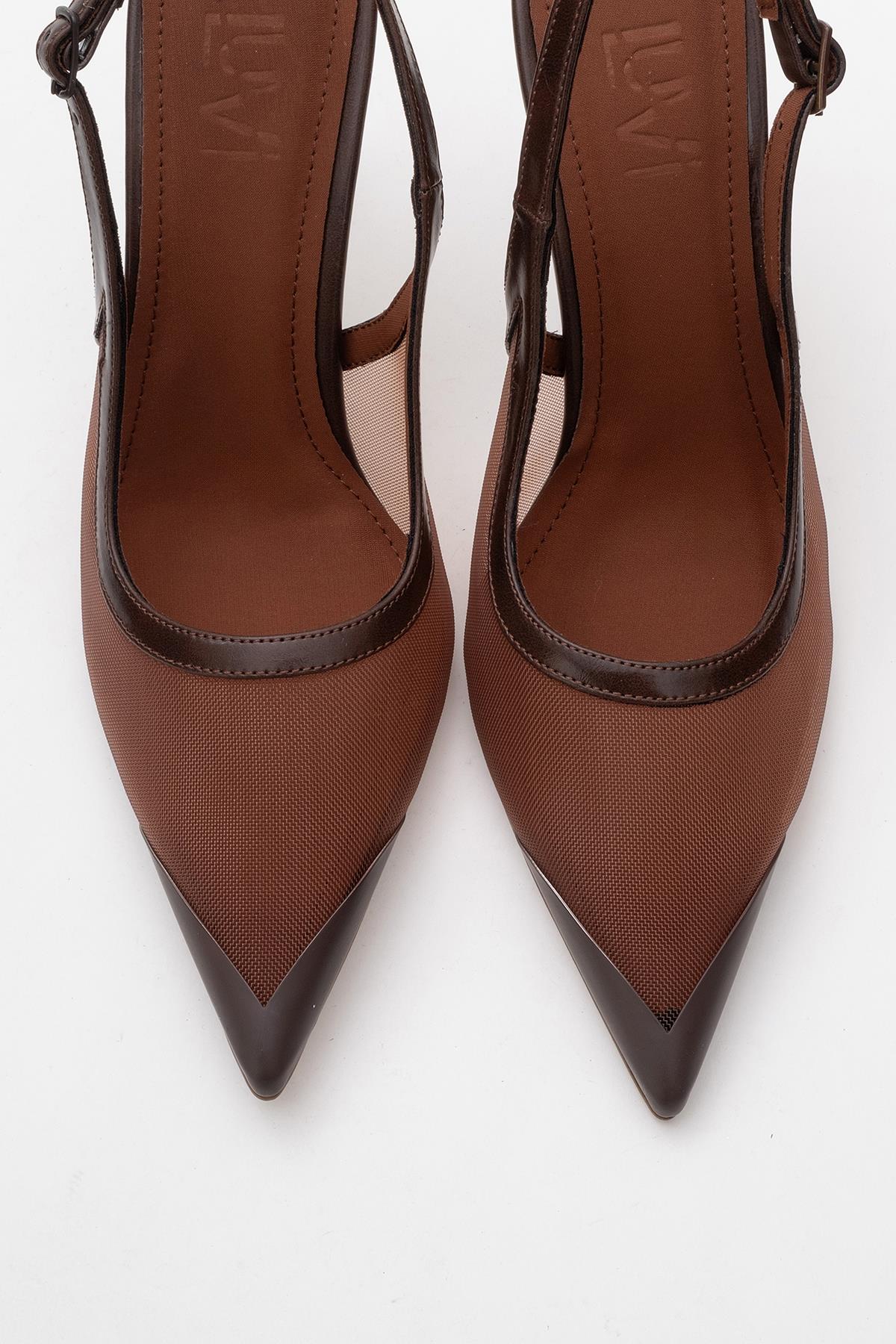 Venas - Brown Mesh Slingback High Heel – side view showing leather, mesh, Vowalisse