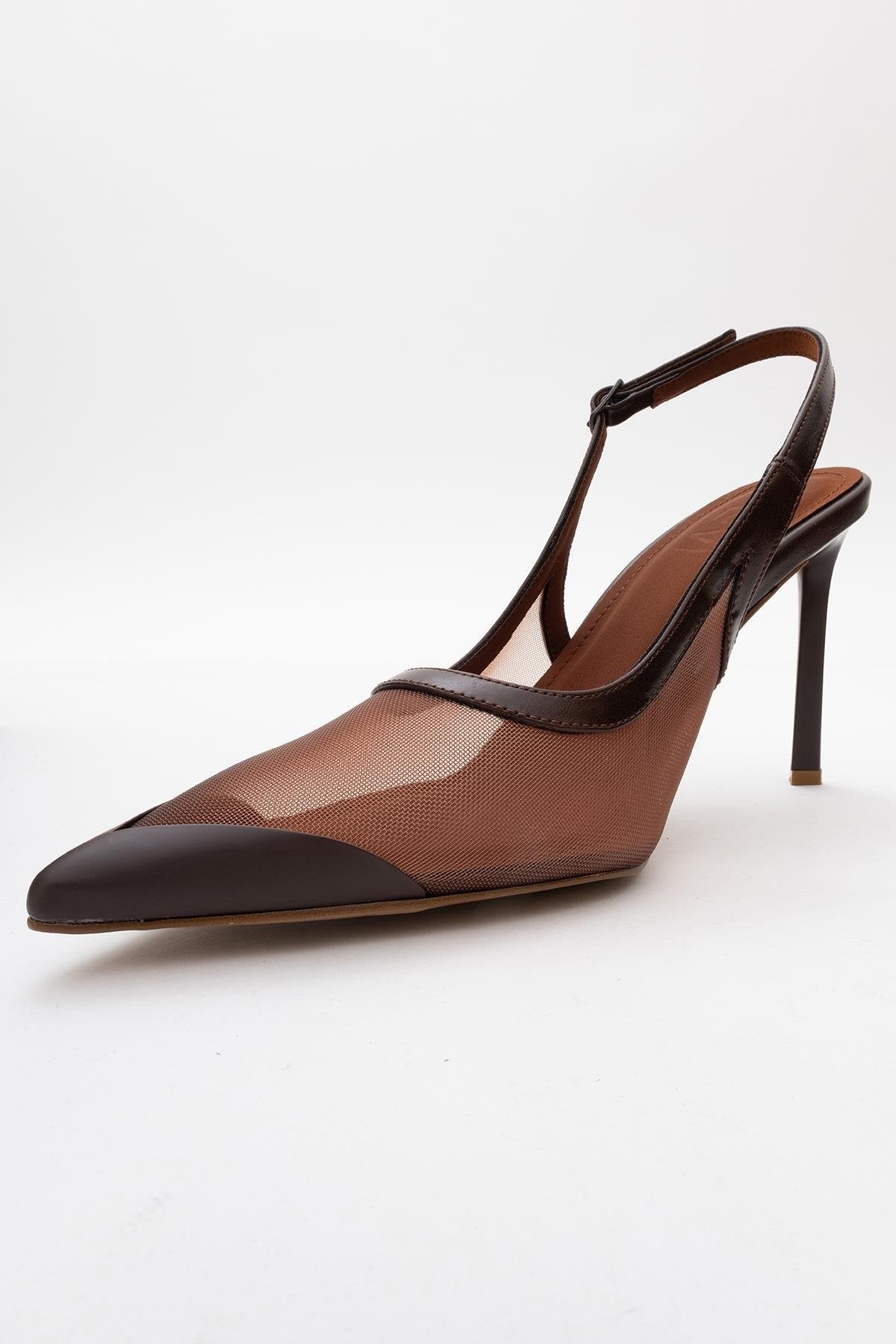 Venas - Brown Mesh Slingback High Heel – heel view showing leather, mesh, Vowalisse