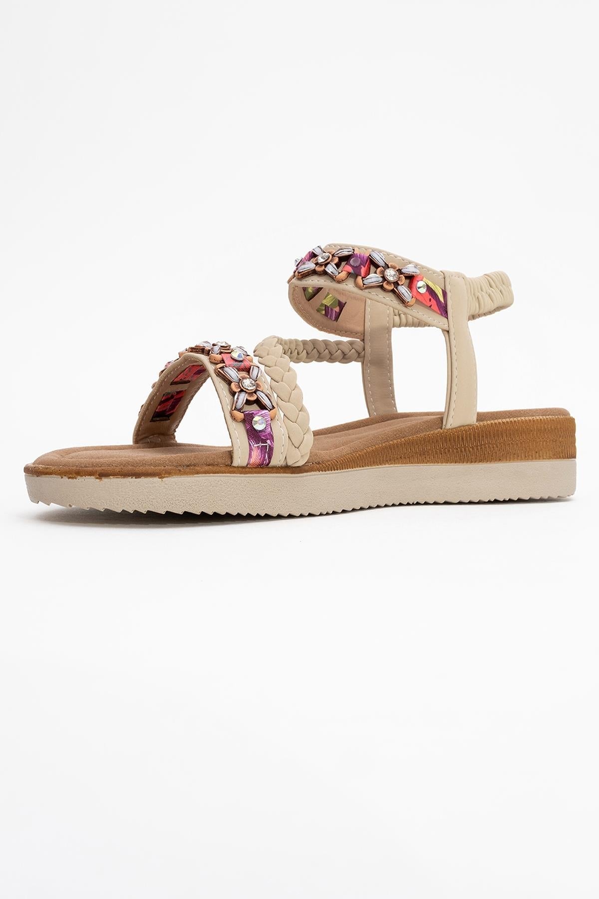 YUAN Beige Braided Strap Sandal – heel view showing leather, Vowalisse
