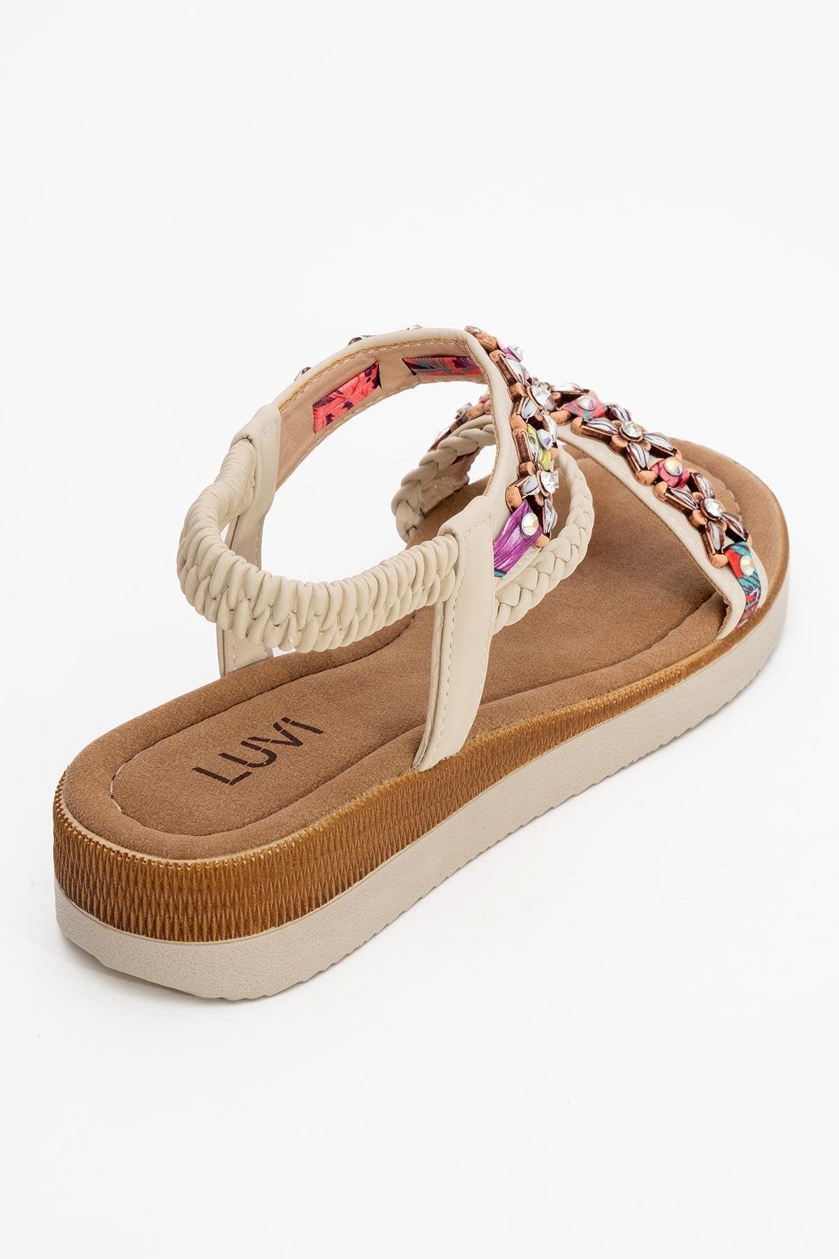 YUAN Beige Braided Strap Sandal – back view showing leather, Vowalisse