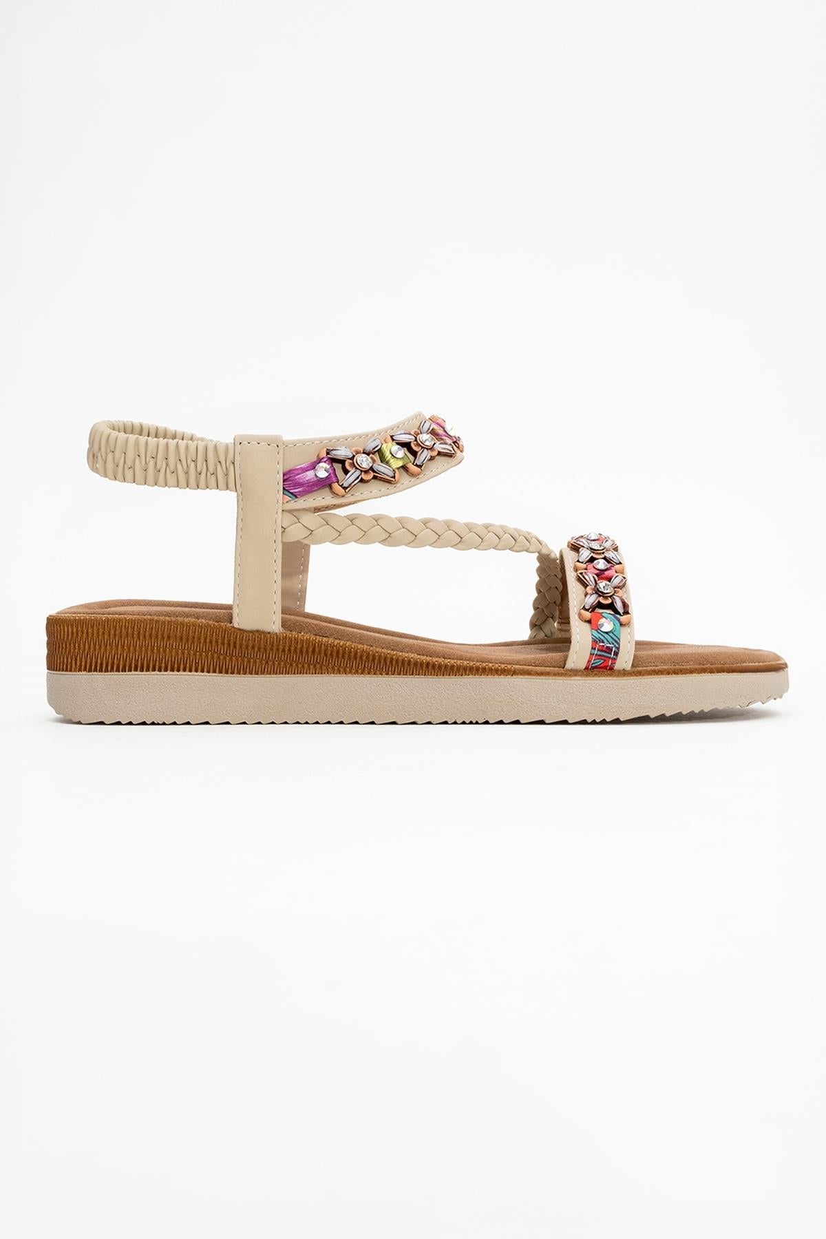 YUAN Beige Braided Strap Sandal – top view showing leather, Vowalisse