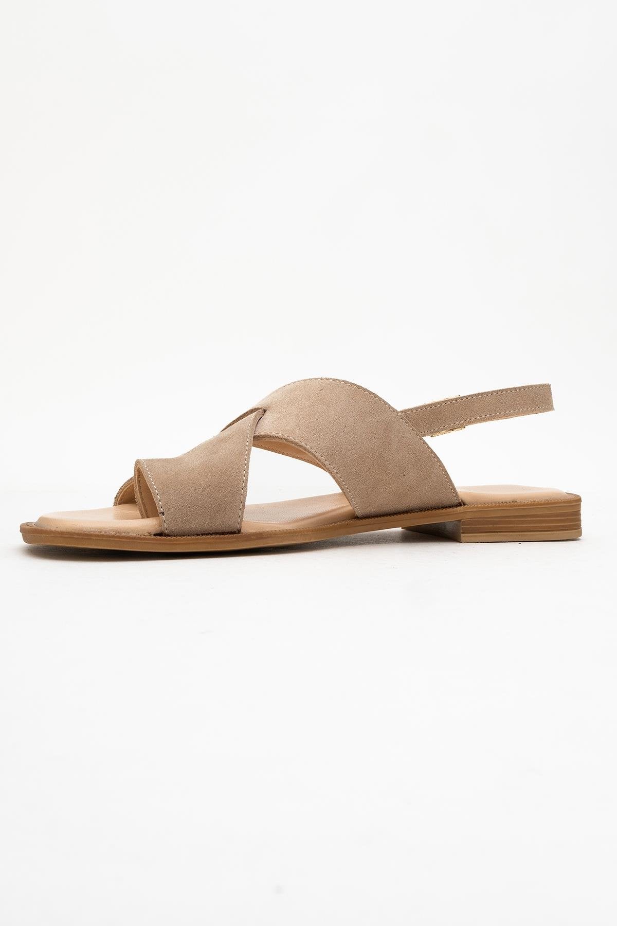 Louna - Beige Suede Leather Thong Sandals – heel view showing leather, suede, Vowalisse