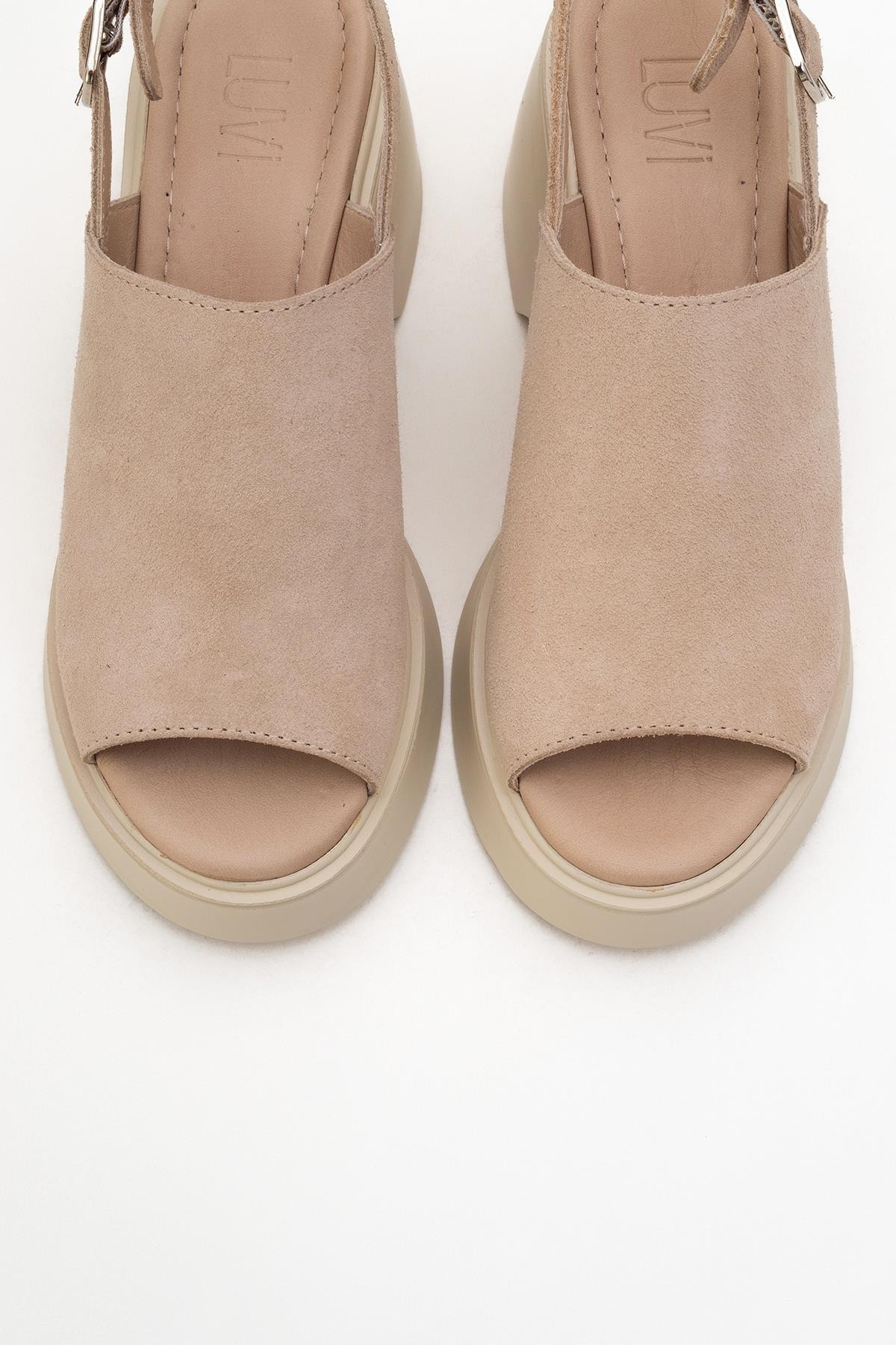 Power - Beige Suede Leather Platform Wedges – side view showing leather, suede, Vowalisse