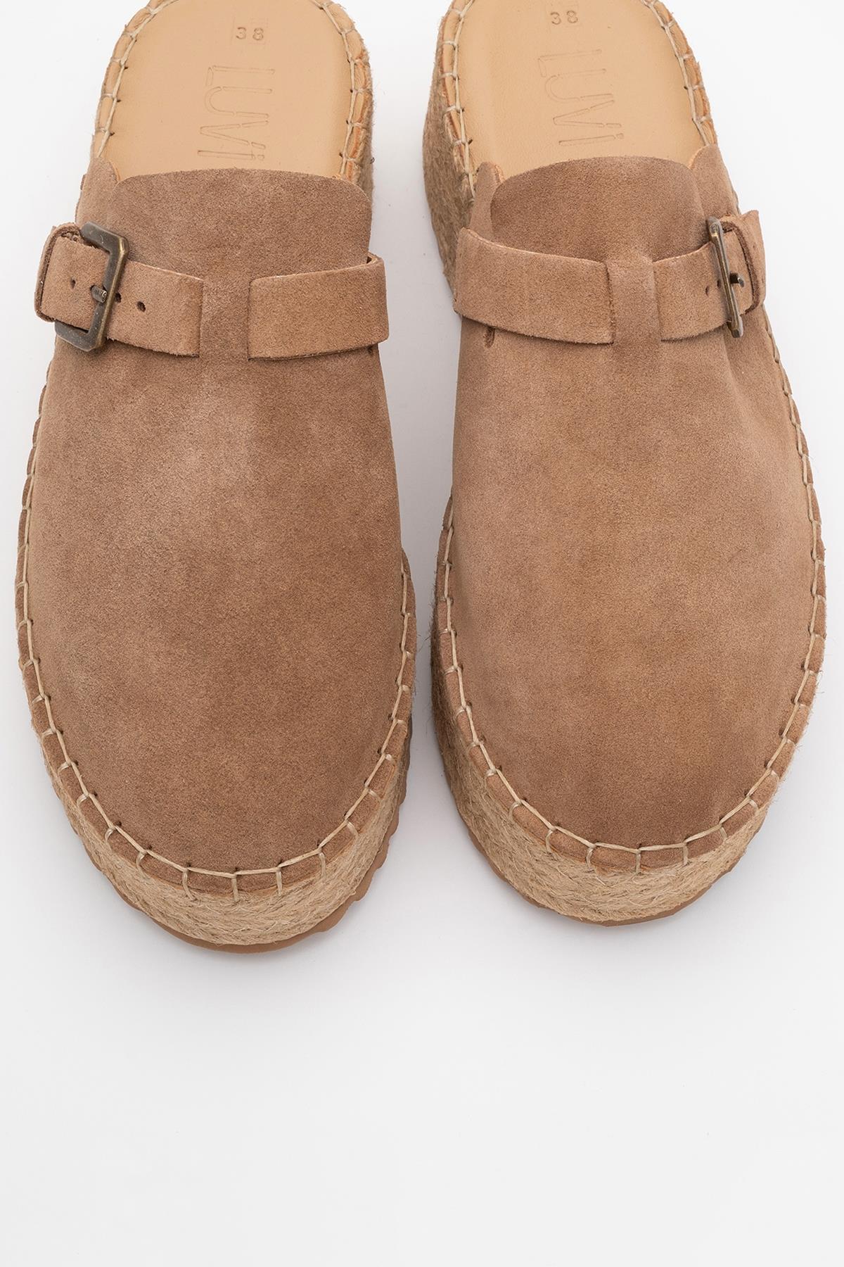 Novas - Cognac Brown Suede Leather Platform Espadrille Mule – side view showing leather, suede, red, Vowalisse