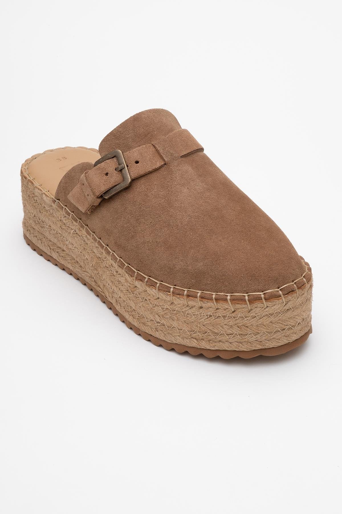 Novas - Cognac Brown Suede Leather Platform Espadrille Mule – detail view showing leather, suede, red, Vowalisse