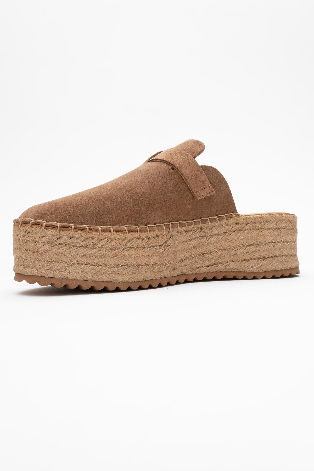 Novas - Cognac Brown Suede Leather Platform Espadrille Mule – heel view showing leather, suede, red, Vowalisse