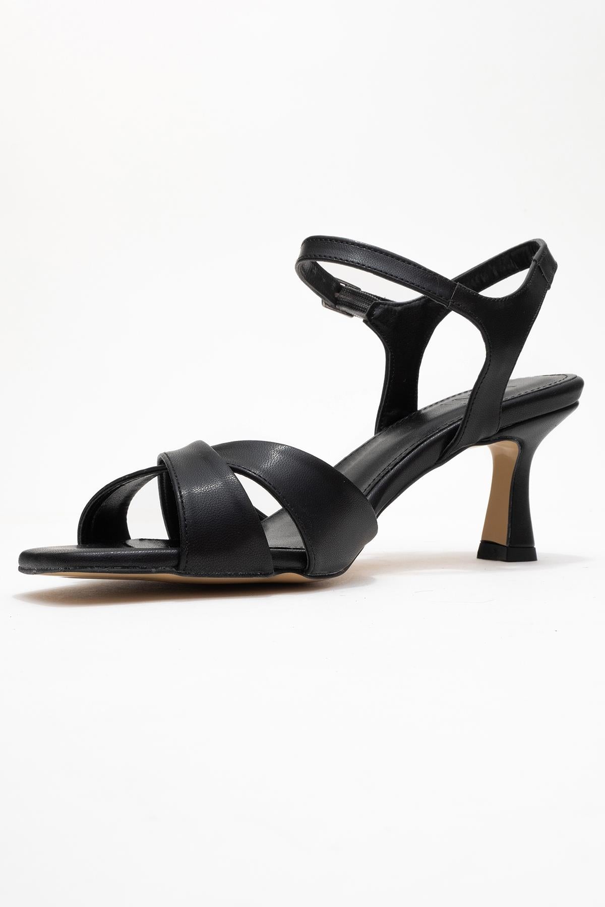 Melin - Black Cross-Strap High Heel Pump – heel view showing leather, black, Vowalisse