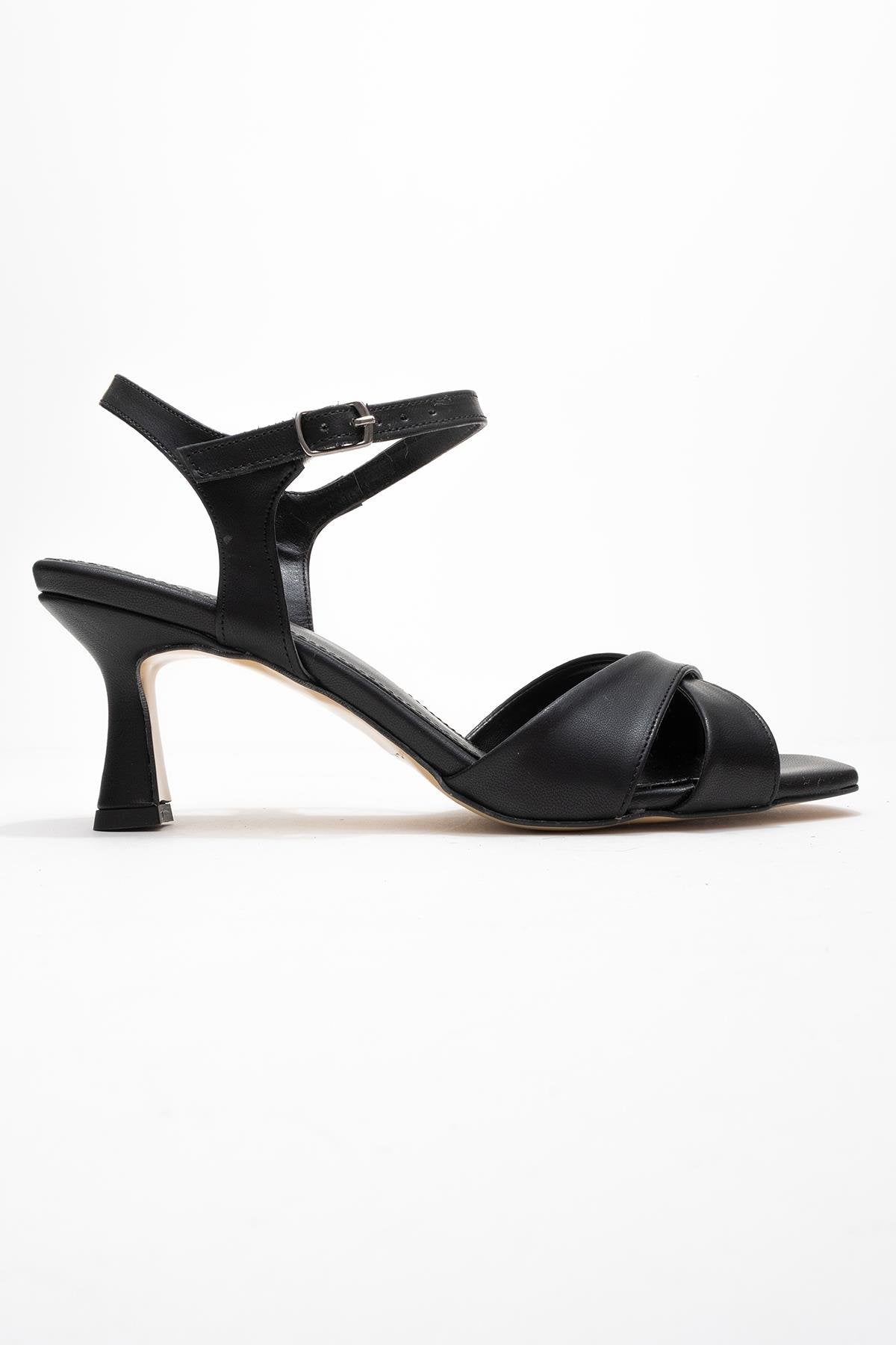 Melin - Black Cross-Strap High Heel Pump – top view showing leather, black, Vowalisse