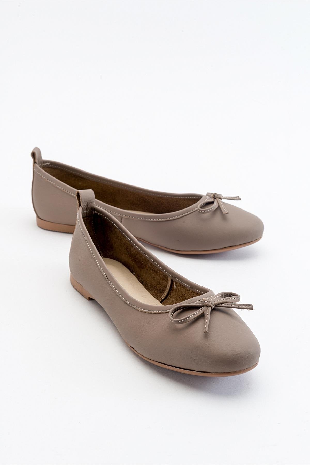 Florence - Light Brown Ballerina Flats – front three-quarter view showing bow, leather, suede, Vowalisse