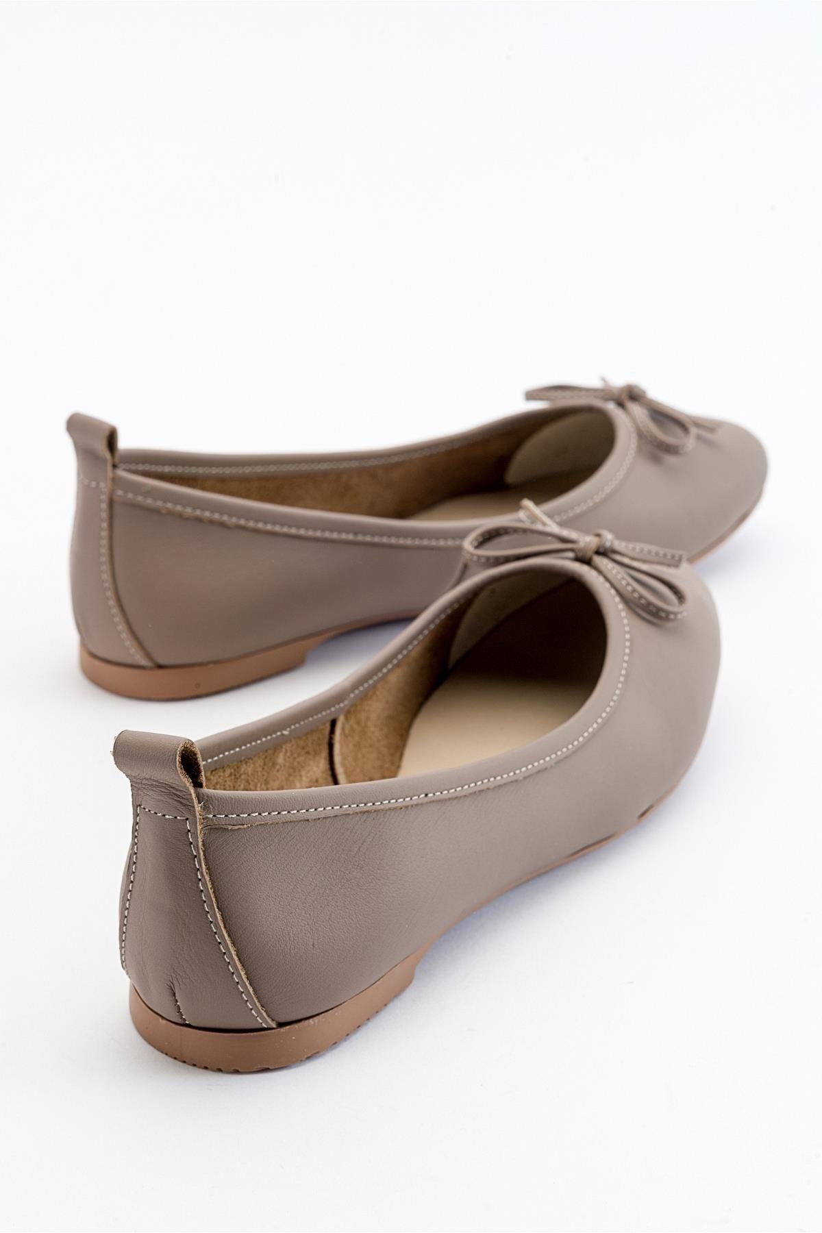 Florence - Light Brown Ballerina Flats – side view showing bow, leather, suede, Vowalisse